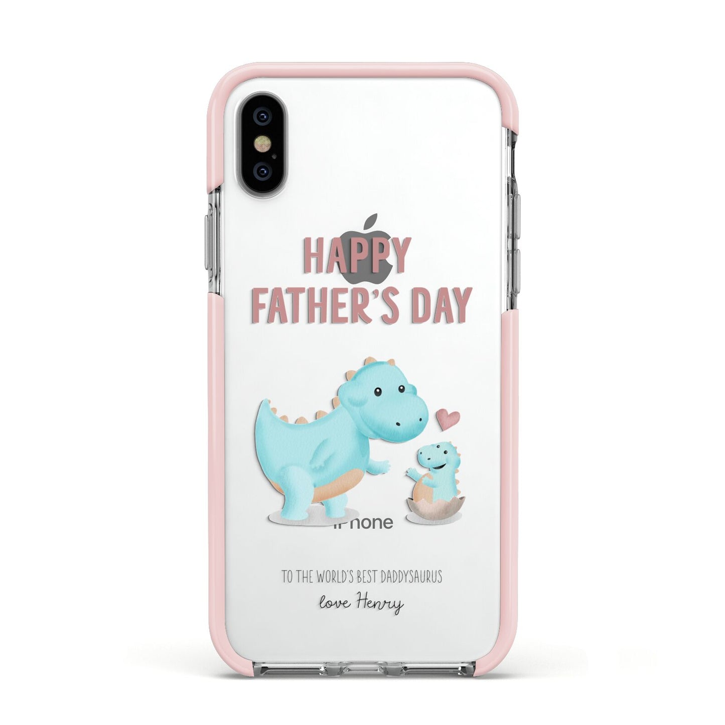Happy Fathers Day Daddysaurus Apple iPhone Xs Impact Case Pink Edge on Silver Phone