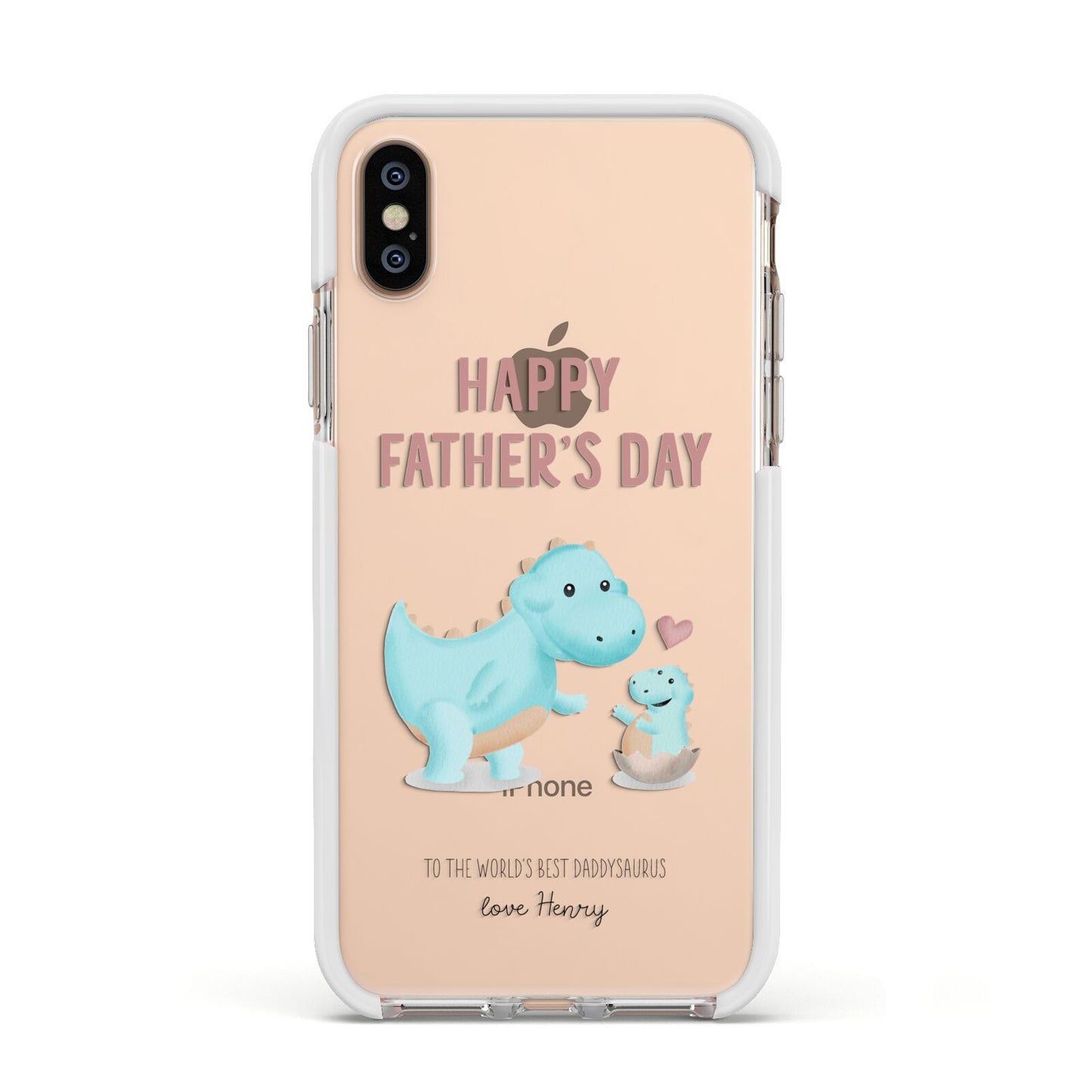 Happy Fathers Day Daddysaurus Apple iPhone Xs Impact Case White Edge on Gold Phone