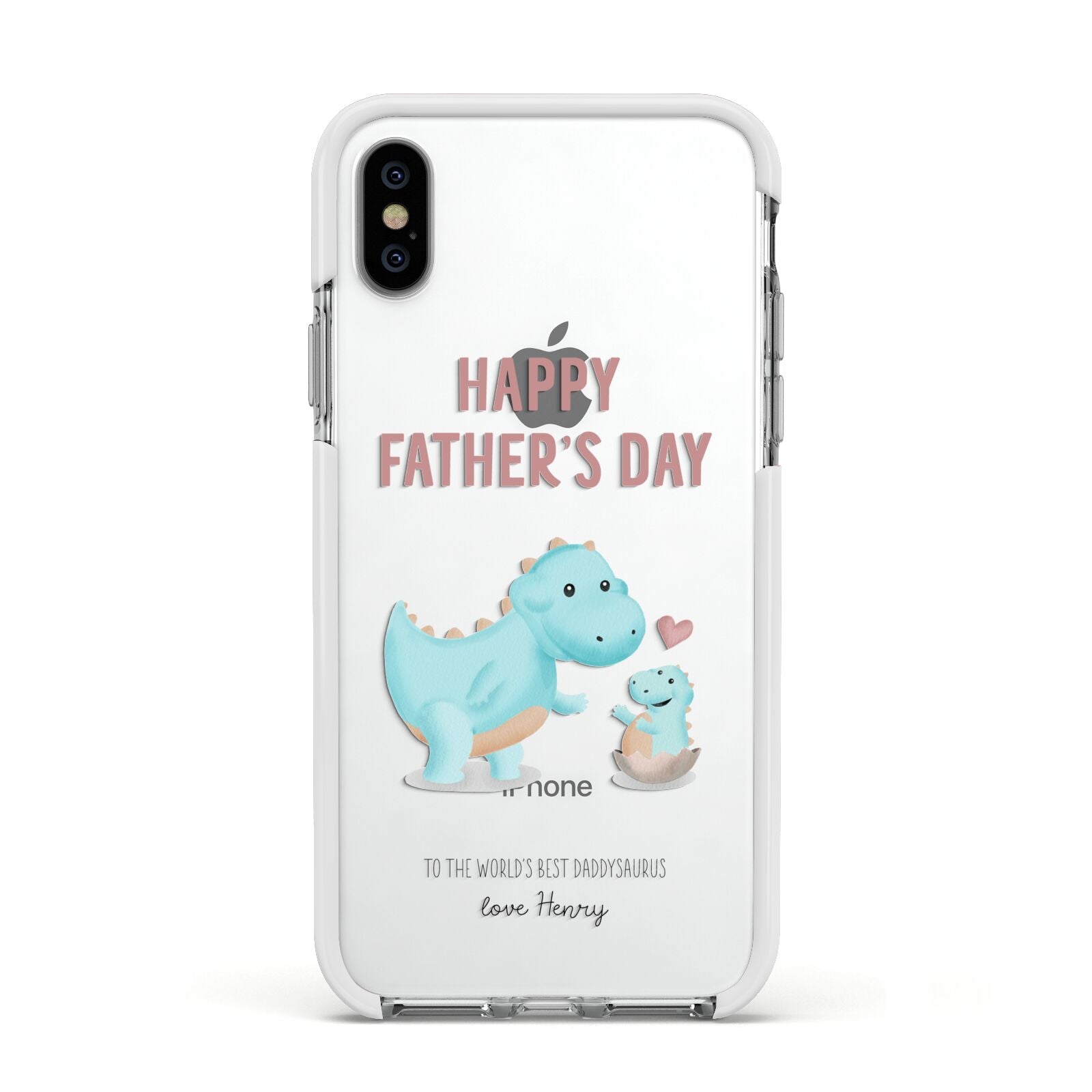 Happy Fathers Day Daddysaurus Apple iPhone Xs Impact Case White Edge on Silver Phone