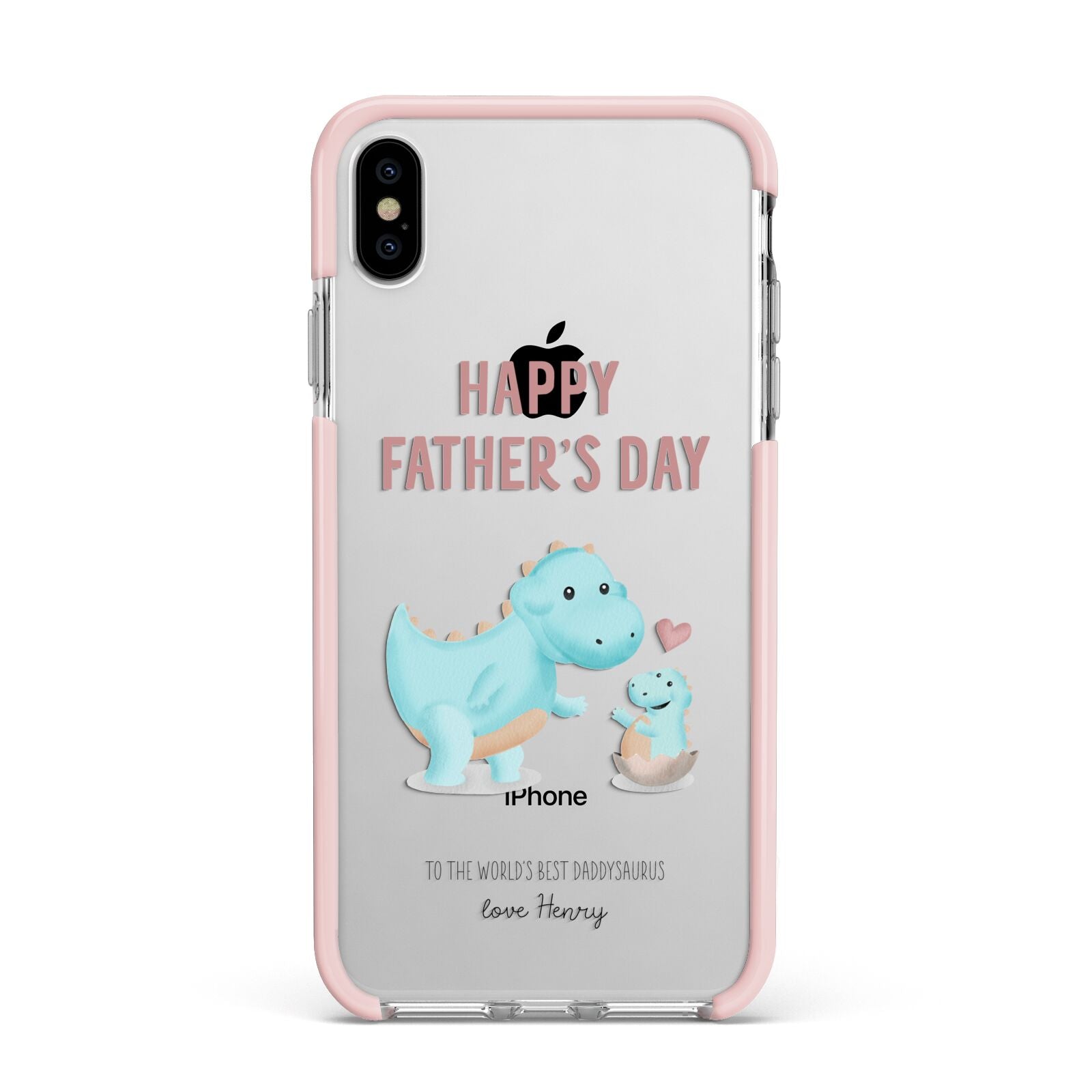 Happy Fathers Day Daddysaurus Apple iPhone Xs Max Impact Case Pink Edge on Silver Phone