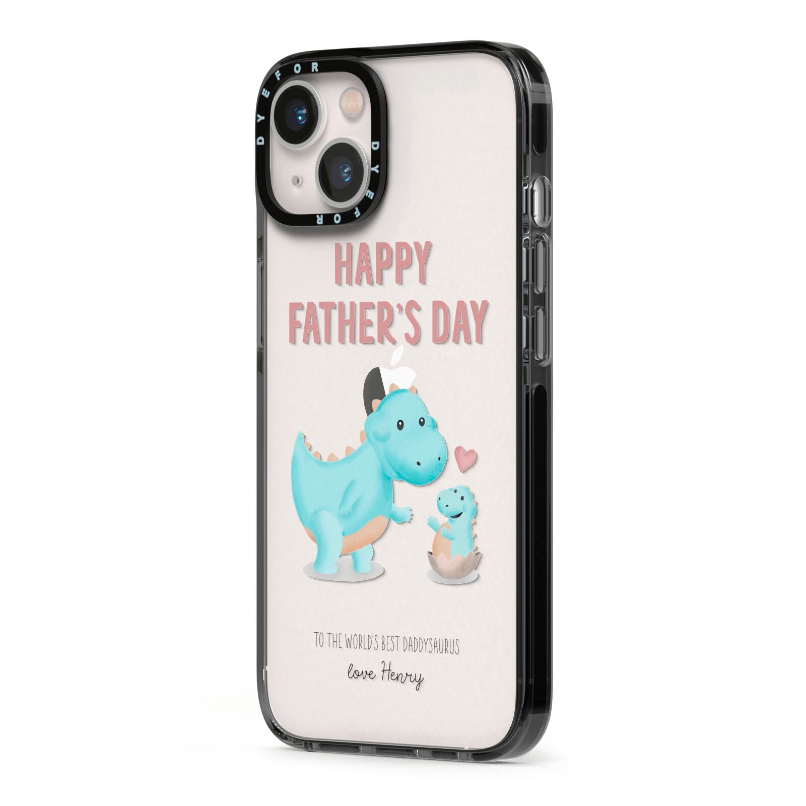 Happy Fathers Day Daddysaurus iPhone 13 Black Impact Case Side Angle on Silver phone