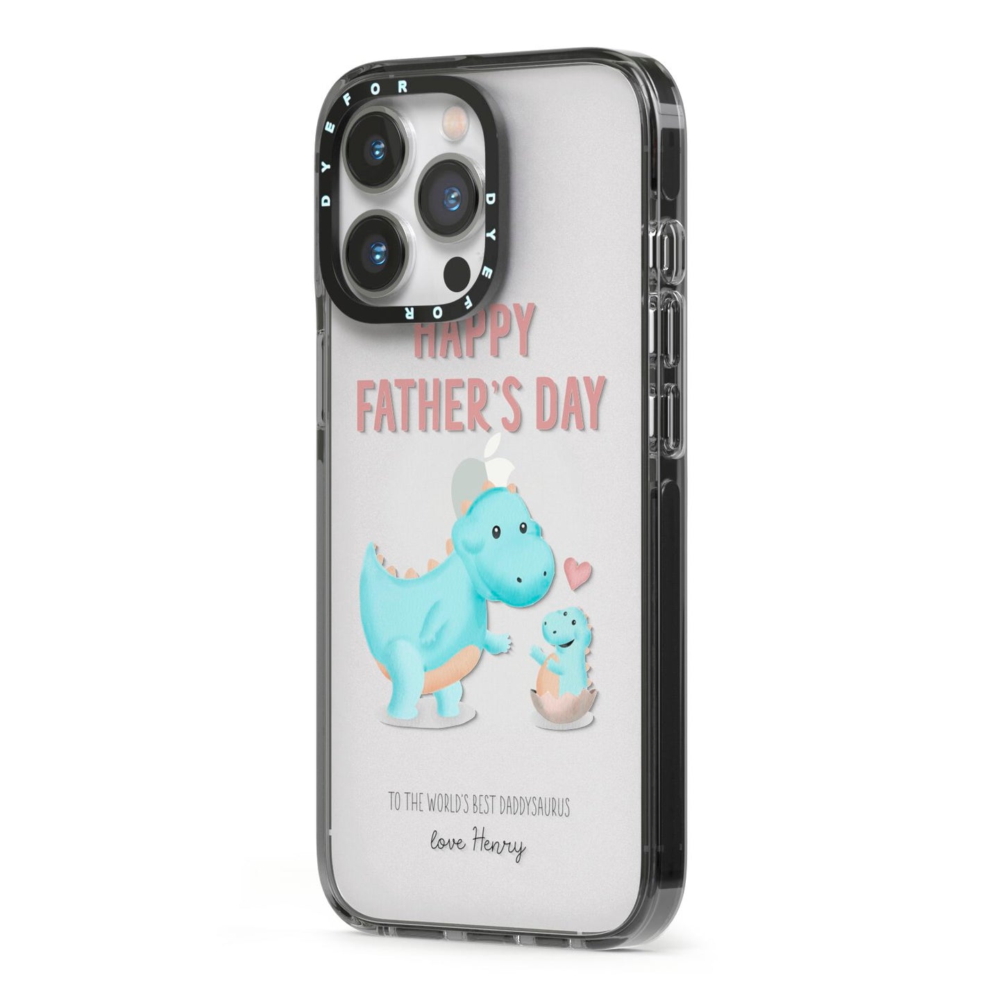 Happy Fathers Day Daddysaurus iPhone 13 Pro Black Impact Case Side Angle on Silver phone