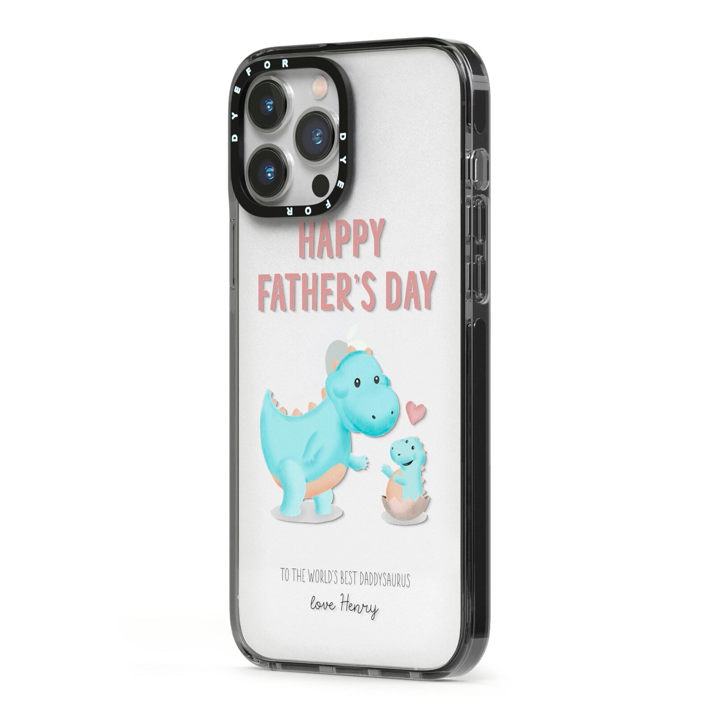 Happy Fathers Day Daddysaurus iPhone 13 Pro Max Black Impact Case Side Angle on Silver phone