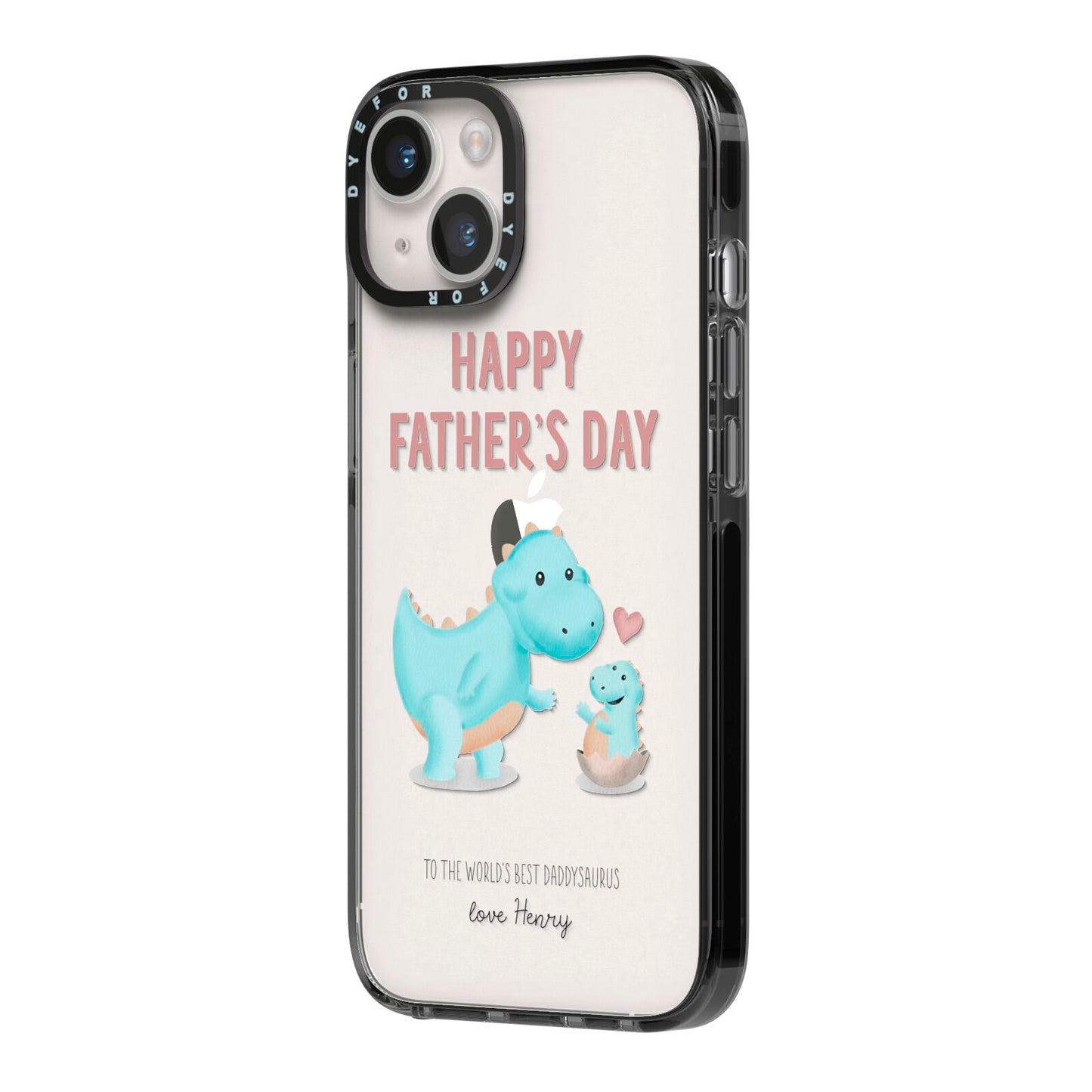 Happy Fathers Day Daddysaurus iPhone 14 Black Impact Case Side Angle on Silver phone