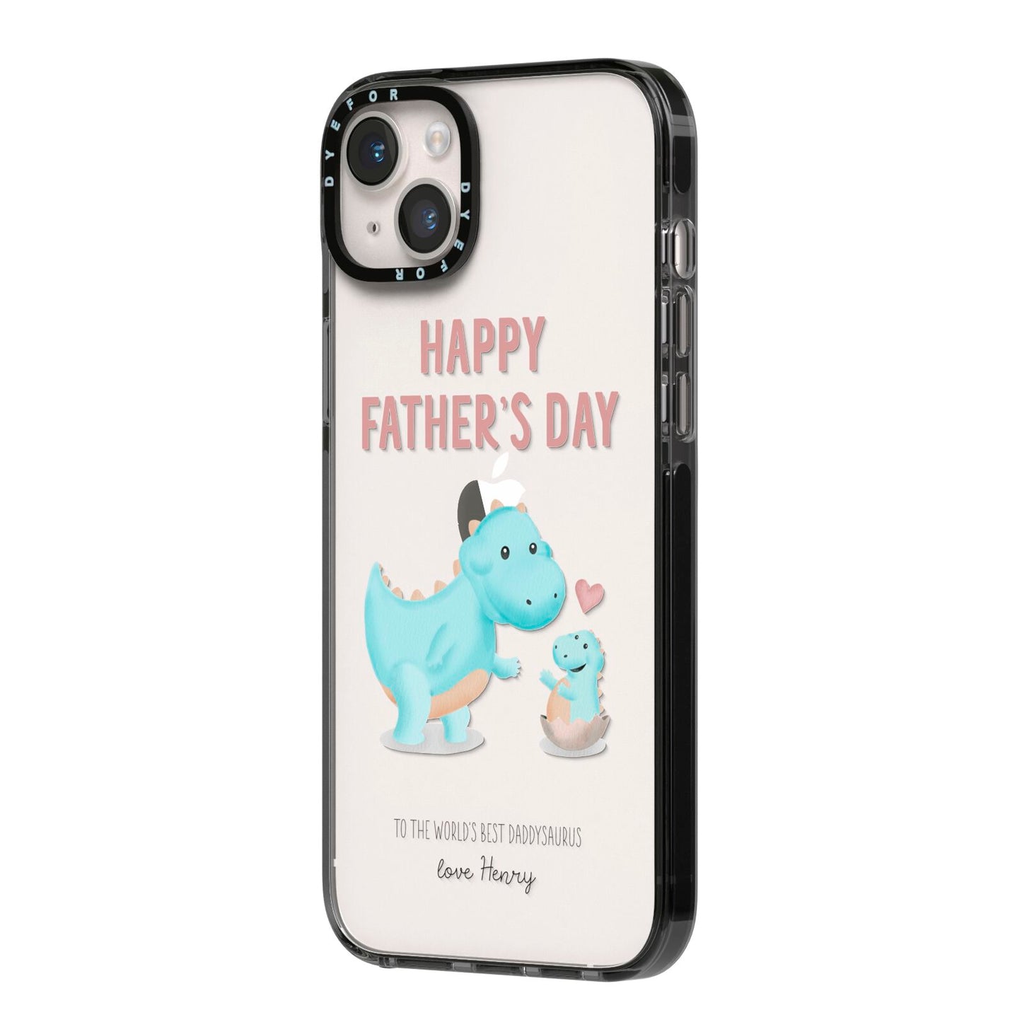 Happy Fathers Day Daddysaurus iPhone 14 Plus Black Impact Case Side Angle on Silver phone