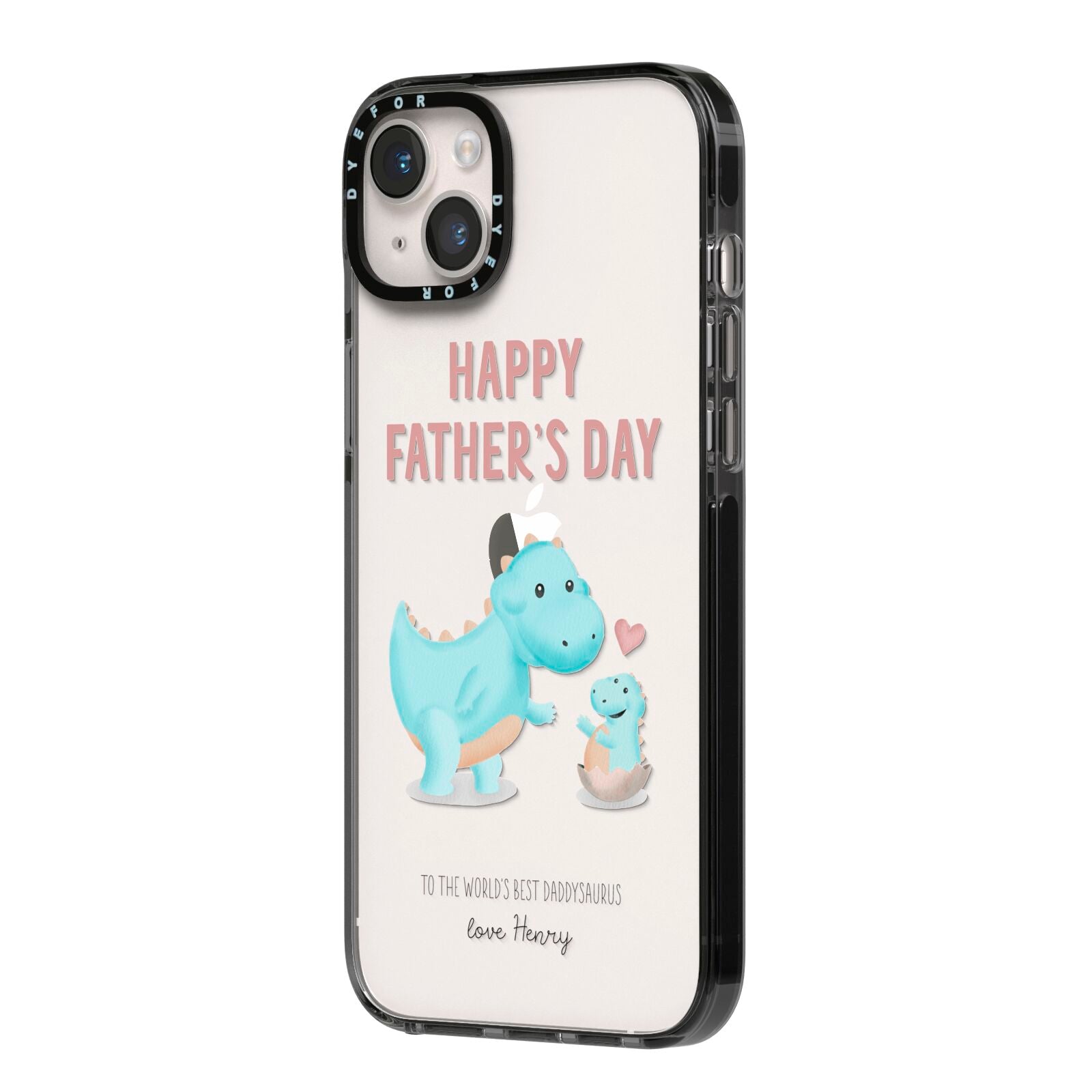 Happy Fathers Day Daddysaurus iPhone 14 Plus Black Impact Case Side Angle on Silver phone