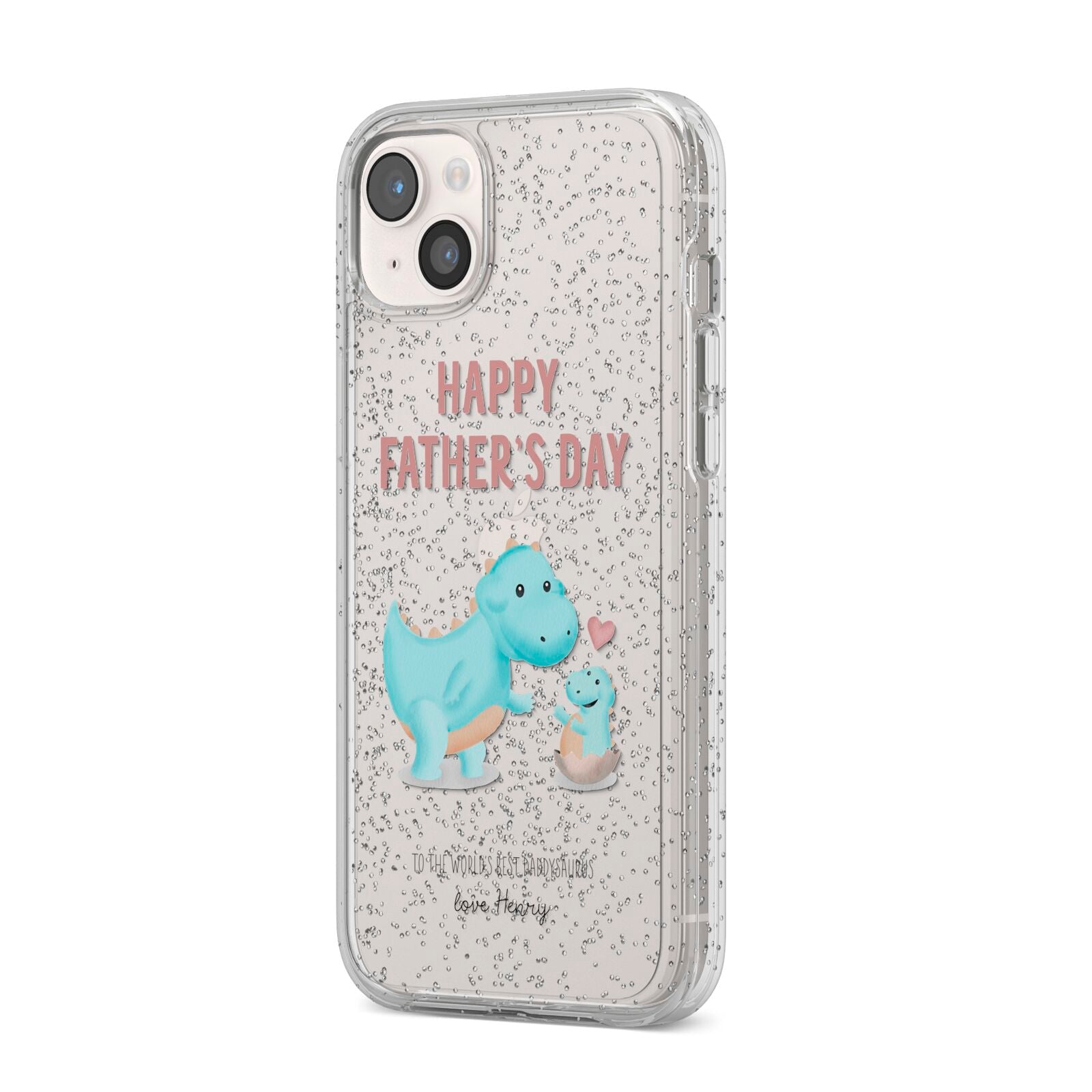 Happy Fathers Day Daddysaurus iPhone 14 Plus Glitter Tough Case Starlight Angled Image