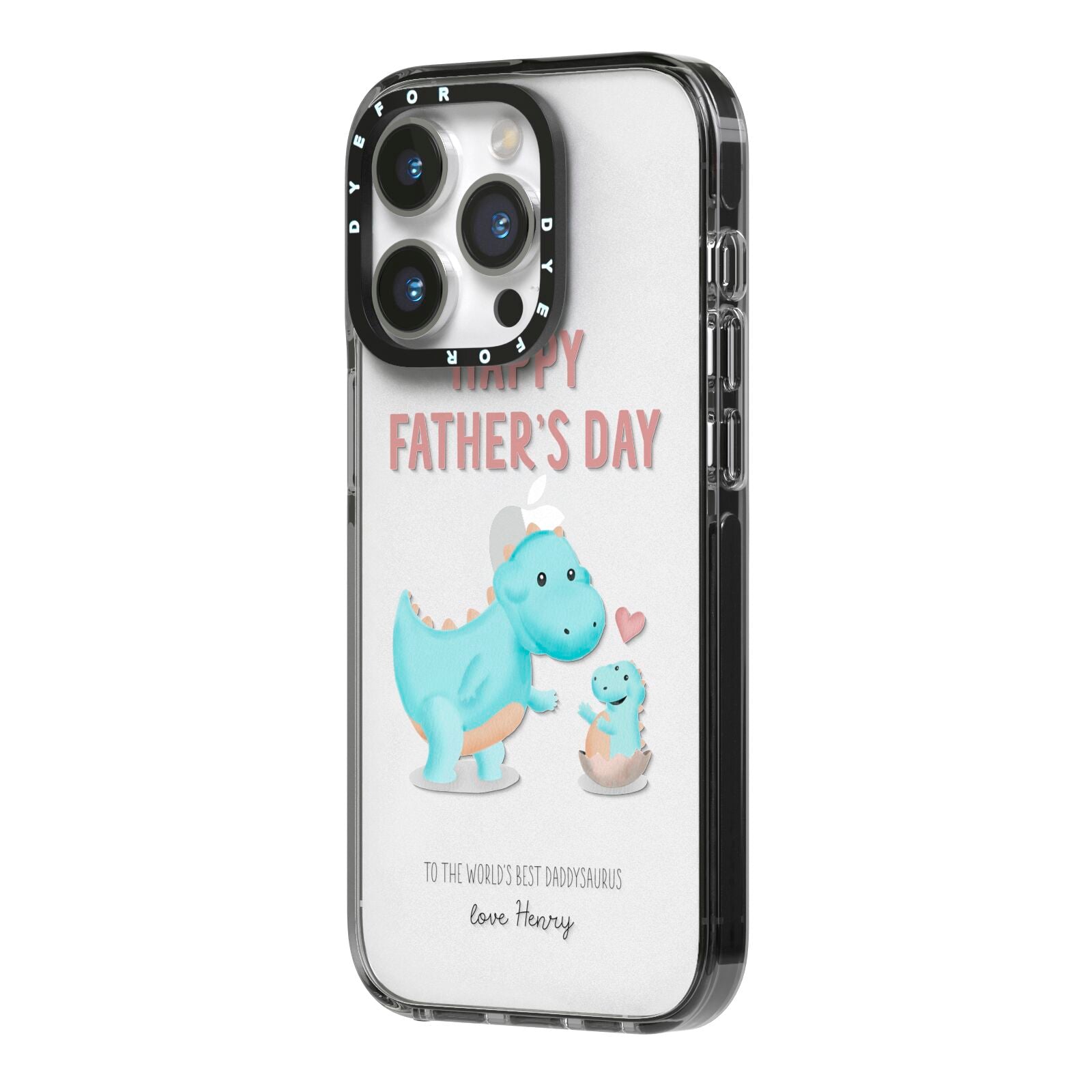 Happy Fathers Day Daddysaurus iPhone 14 Pro Black Impact Case Side Angle on Silver phone