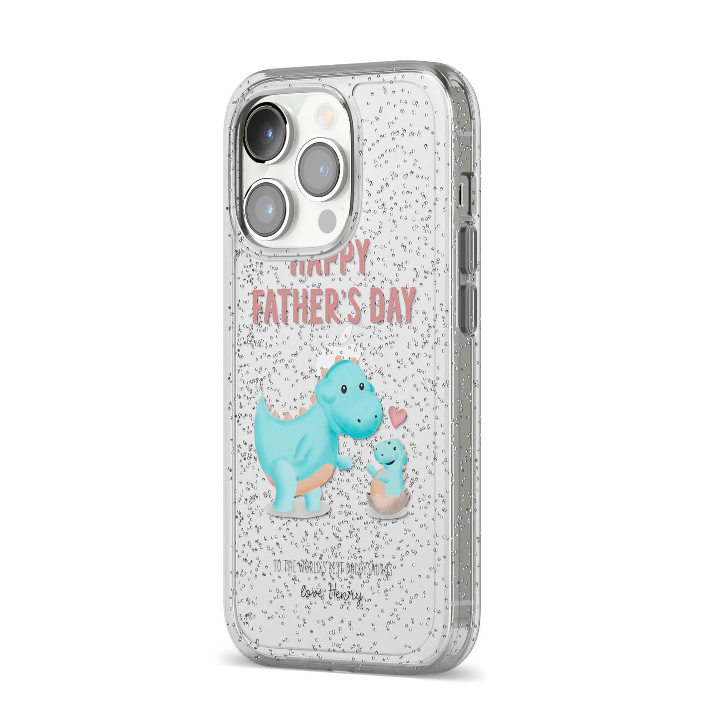 Happy Fathers Day Daddysaurus iPhone 14 Pro Glitter Tough Case Silver Angled Image