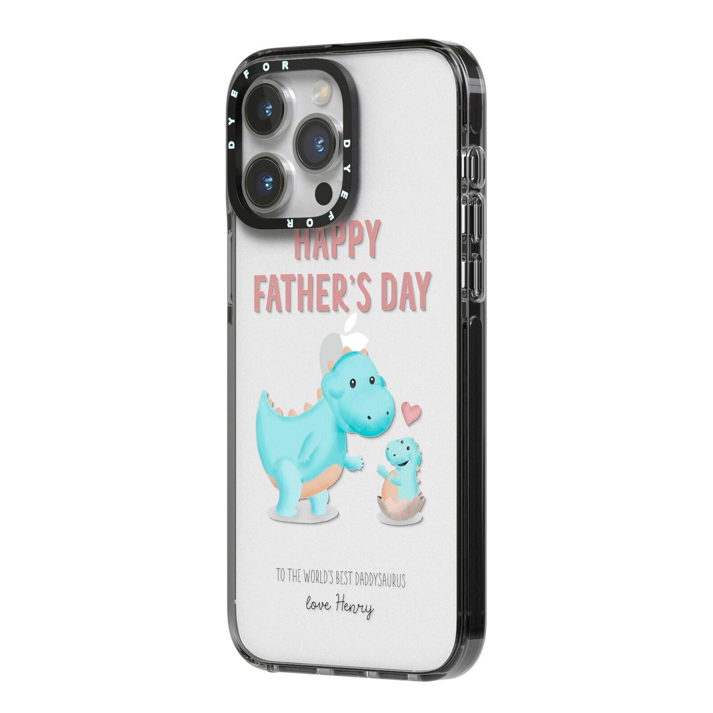 Happy Fathers Day Daddysaurus iPhone 14 Pro Max Black Impact Case Side Angle on Silver phone
