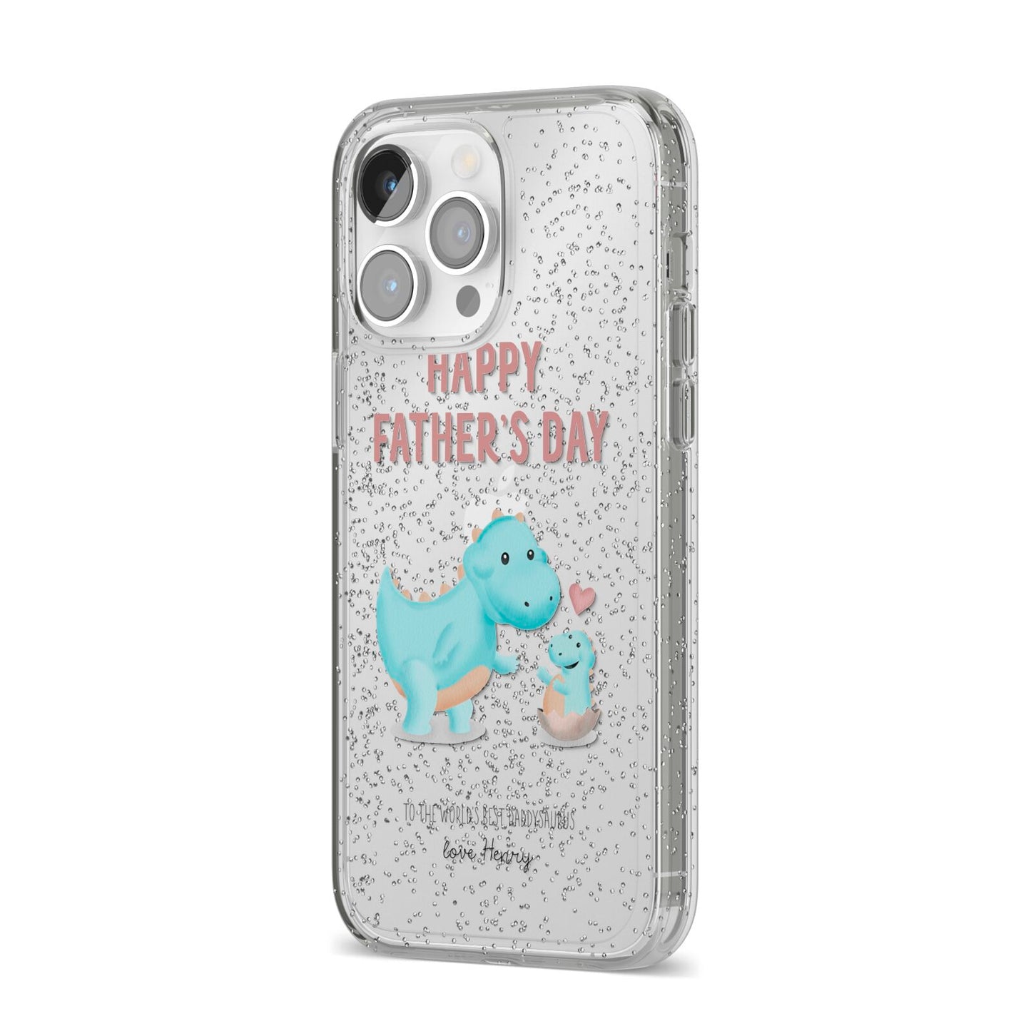 Happy Fathers Day Daddysaurus iPhone 14 Pro Max Glitter Tough Case Silver Angled Image