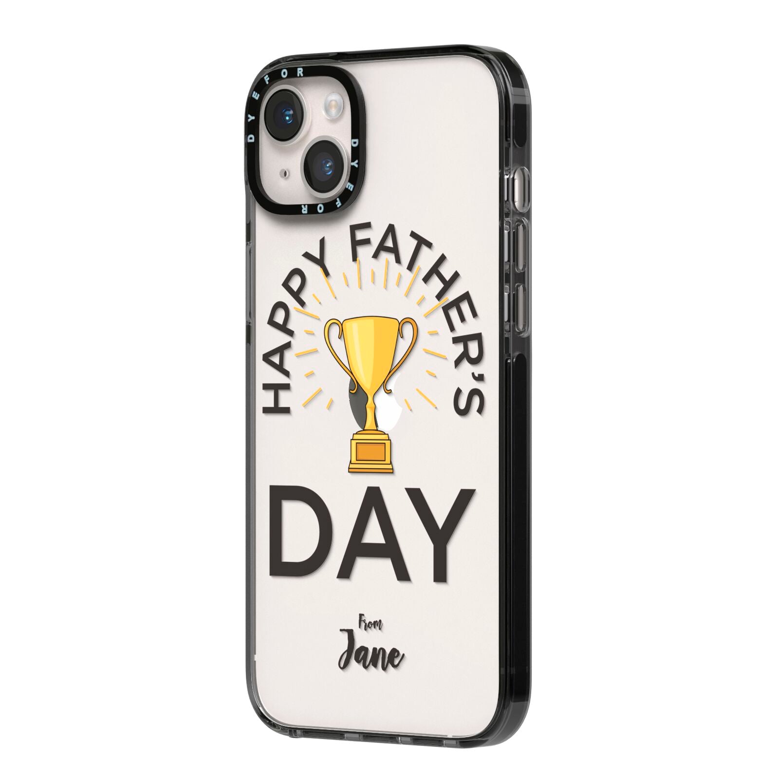 Happy Fathers Day iPhone 14 Plus Black Impact Case Side Angle on Silver phone