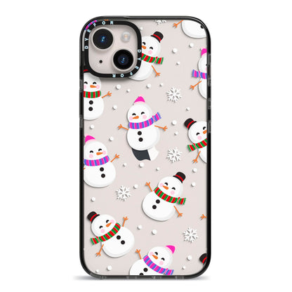 Happy Snowmen Illustrations iPhone 14 Plus Black Impact Case on Silver phone