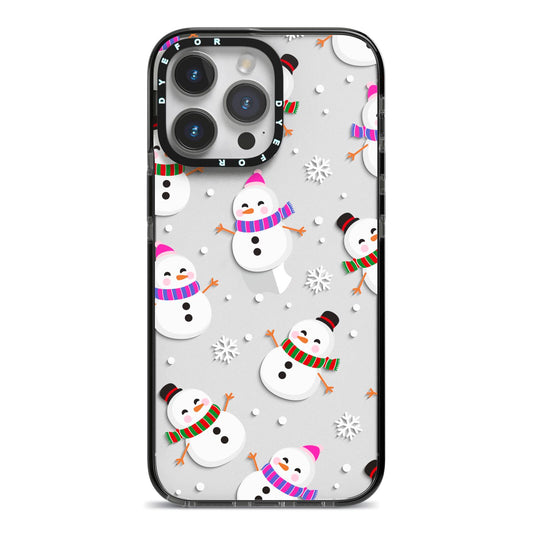 Happy Snowmen Illustrations iPhone 14 Pro Max Black Impact Case on Silver phone