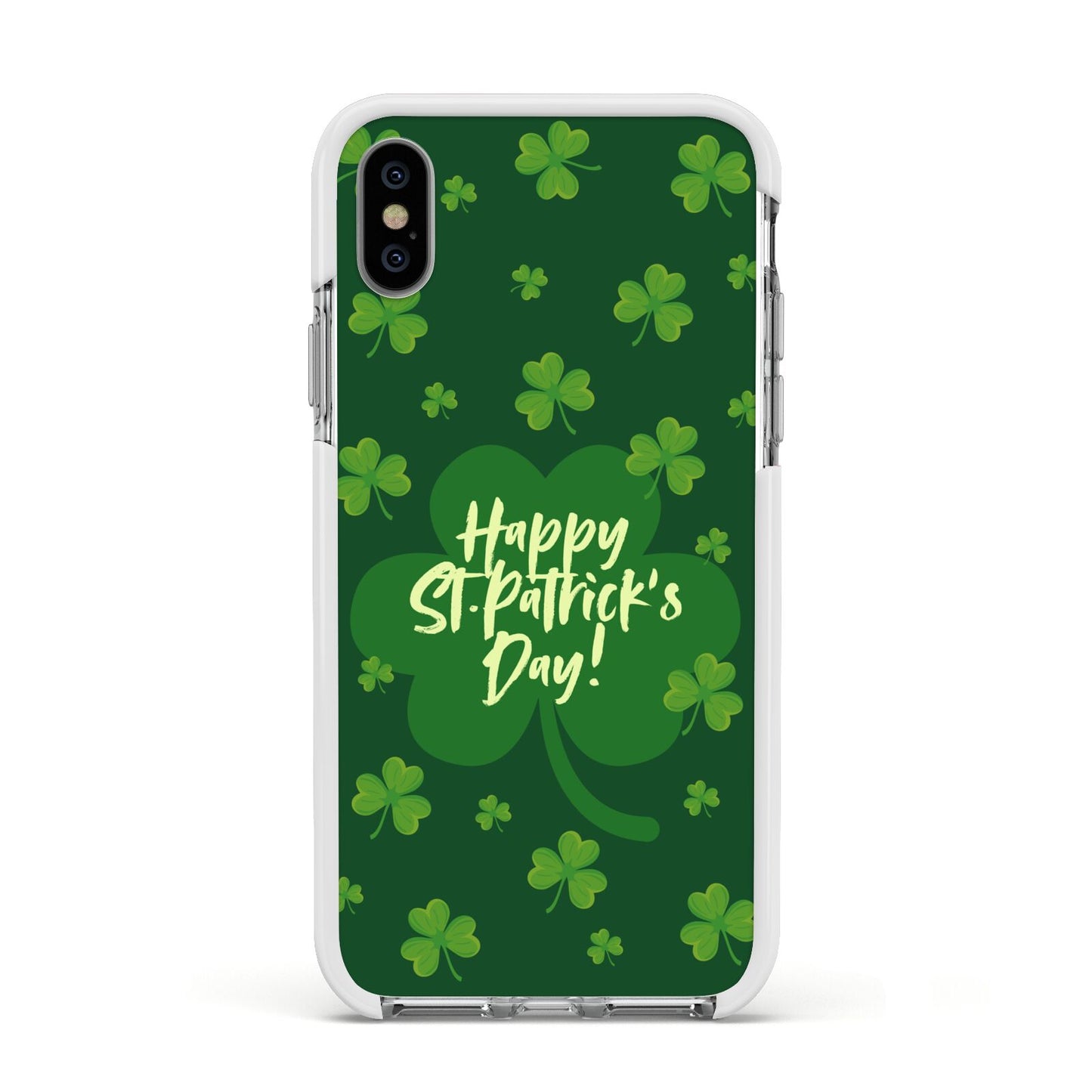 Happy St Patricks Day Apple iPhone Xs Impact Case White Edge on Silver Phone