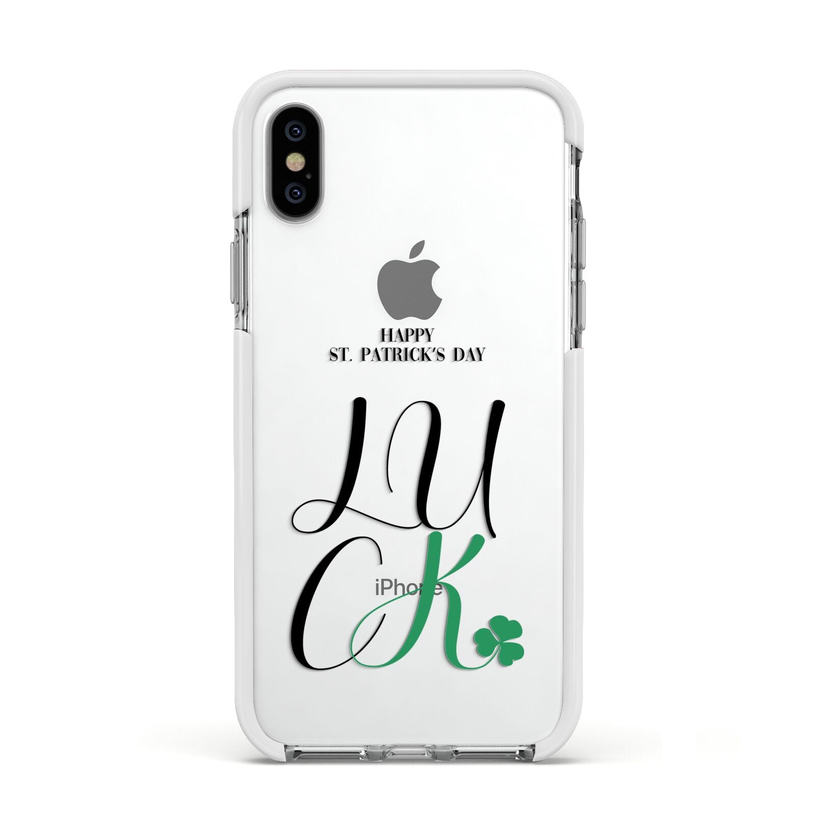 Happy St Patricks Day Luck Apple iPhone Xs Impact Case White Edge on Silver Phone