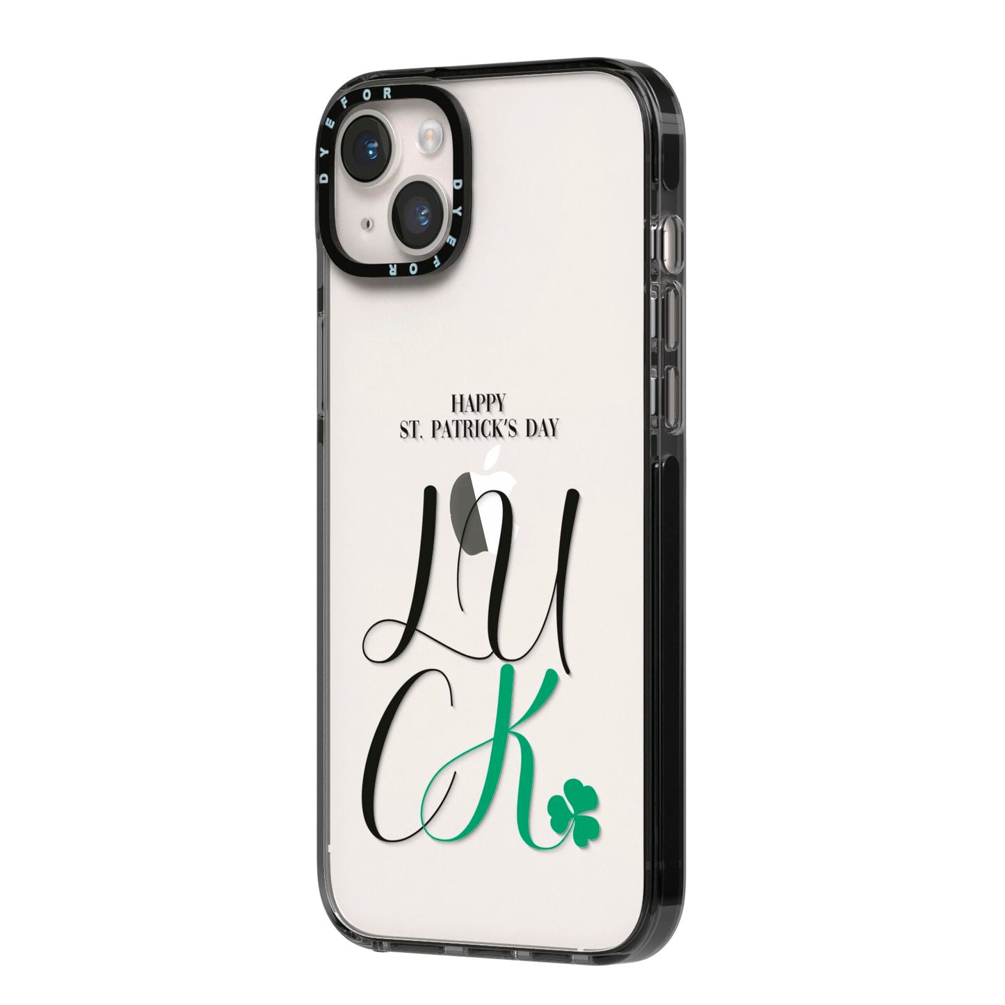 Happy St Patricks Day Luck iPhone 14 Plus Black Impact Case Side Angle on Silver phone
