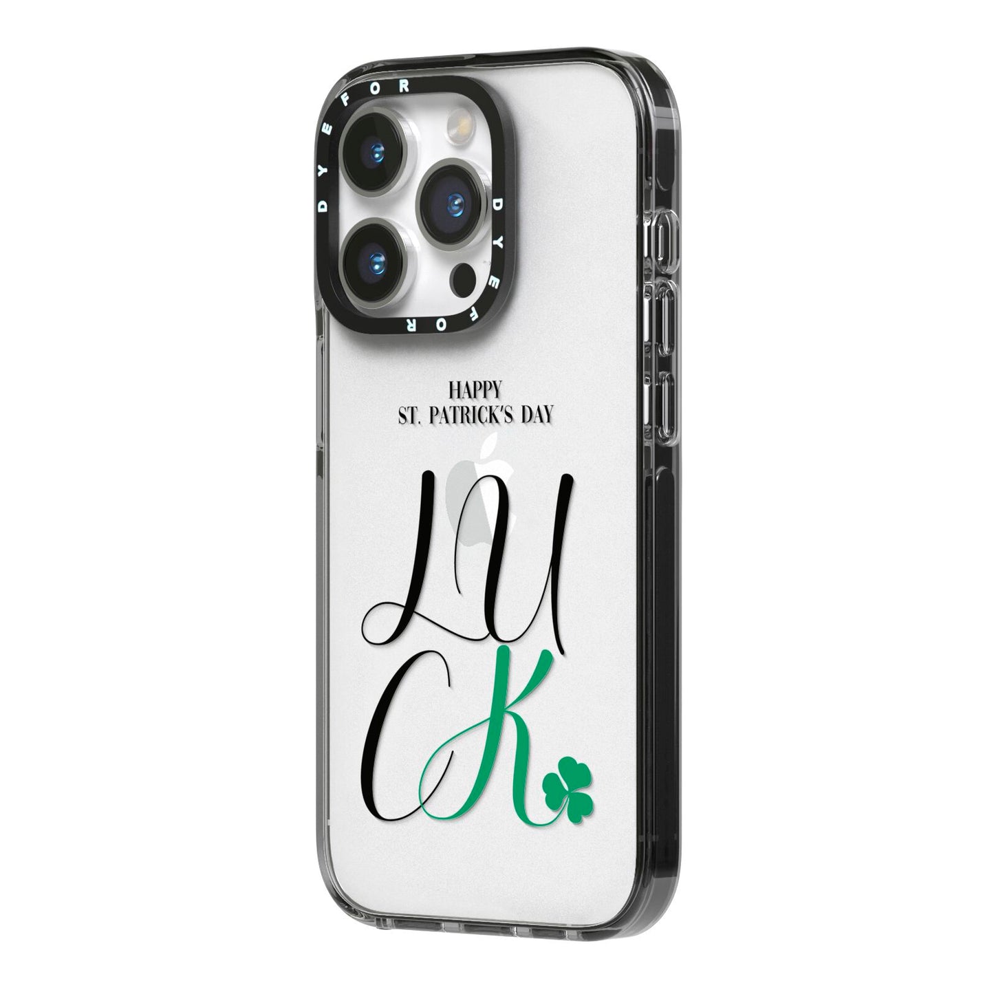 Happy St Patricks Day Luck iPhone 14 Pro Black Impact Case Side Angle on Silver phone