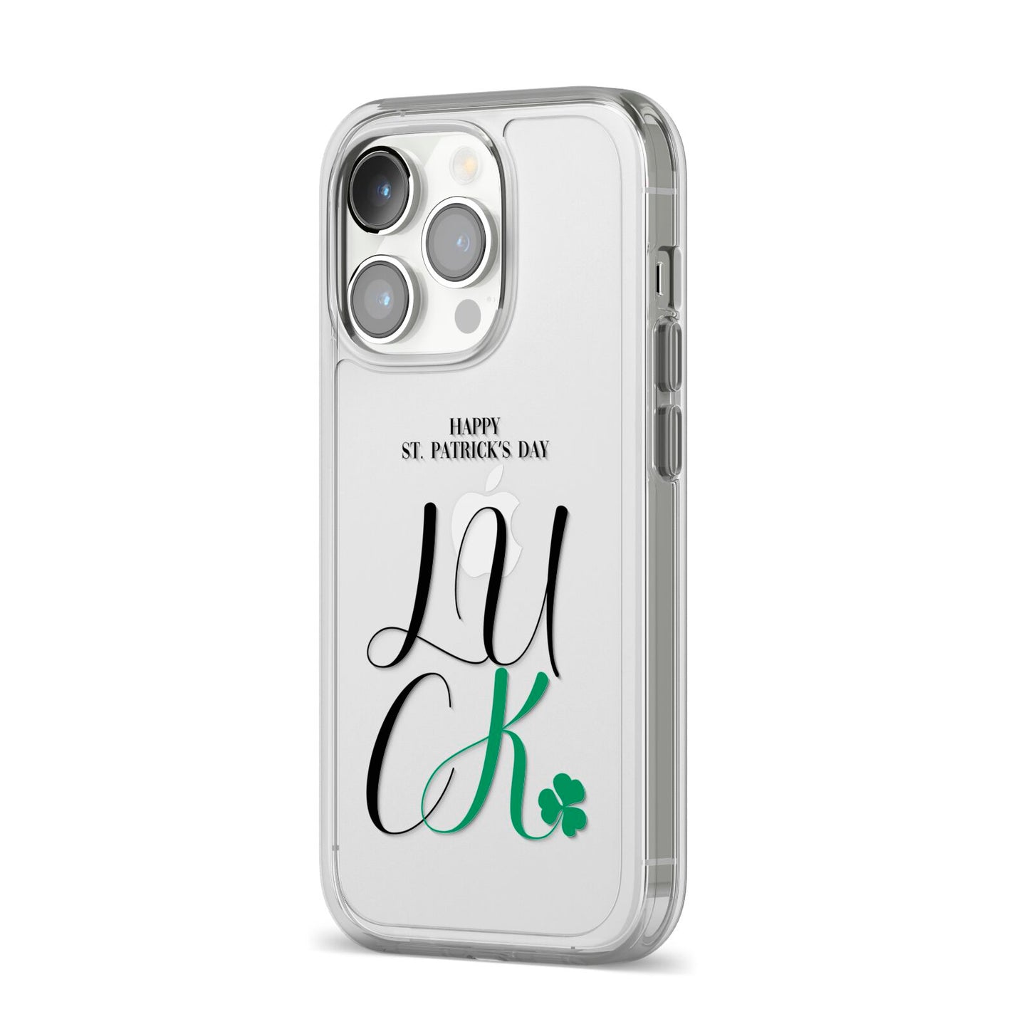 Happy St Patricks Day Luck iPhone 14 Pro Clear Tough Case Silver Angled Image