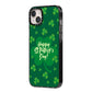 Happy St Patricks Day iPhone 14 Plus Black Impact Case Side Angle on Silver phone