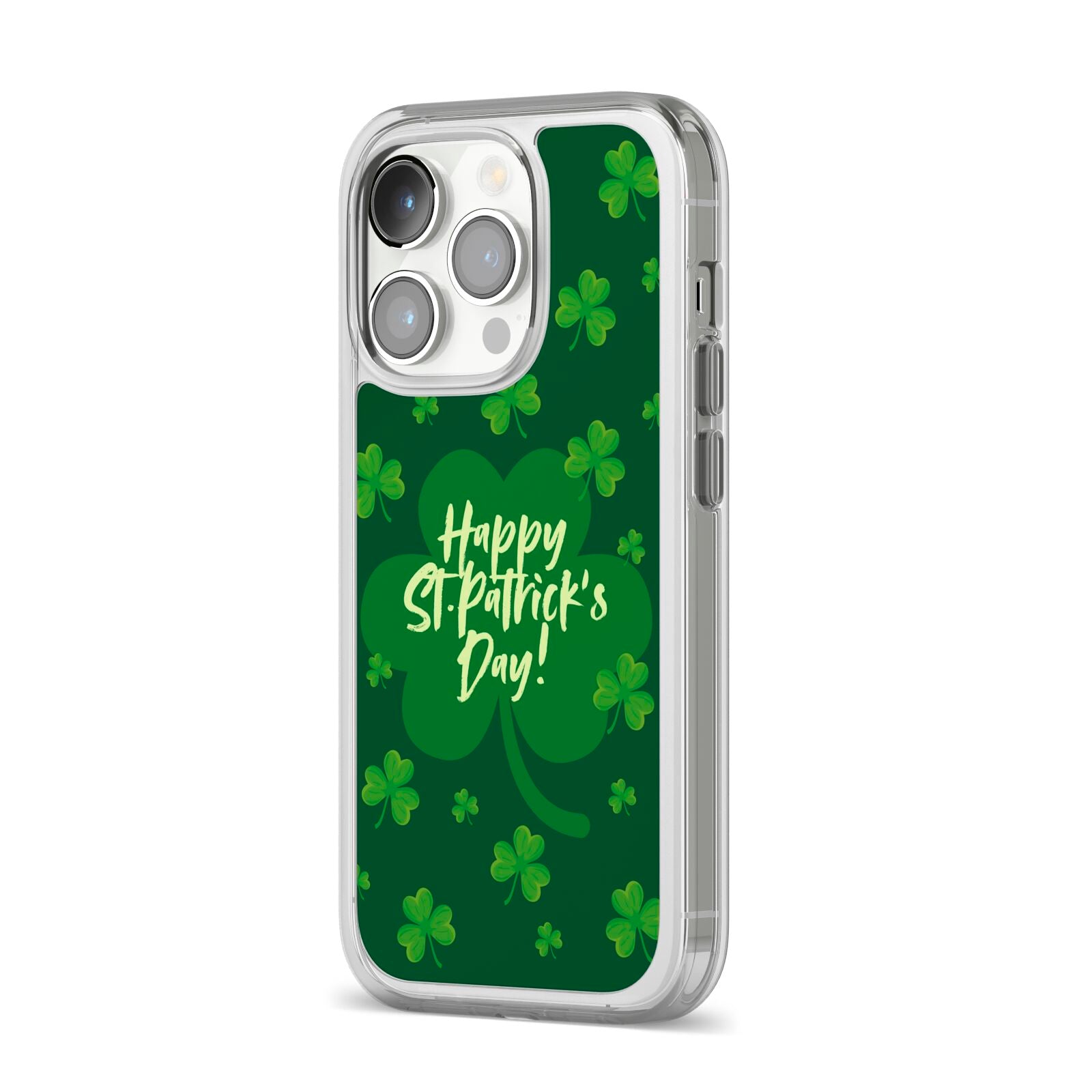 Happy St Patricks Day iPhone 14 Pro Clear Tough Case Silver Angled Image