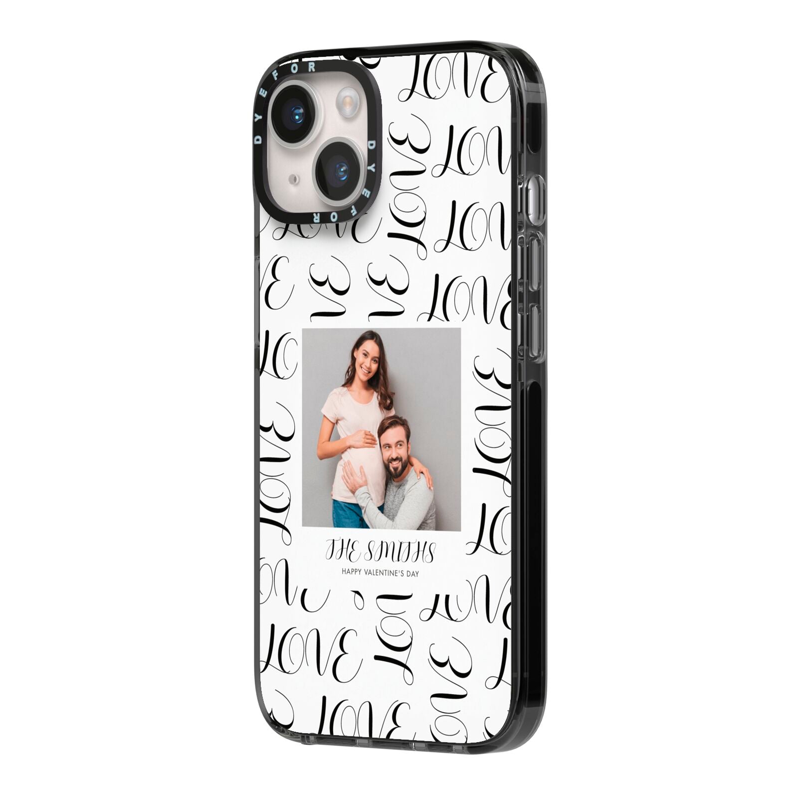 Happy Valentines Day Photo Upload iPhone 14 Black Impact Case Side Angle on Silver phone