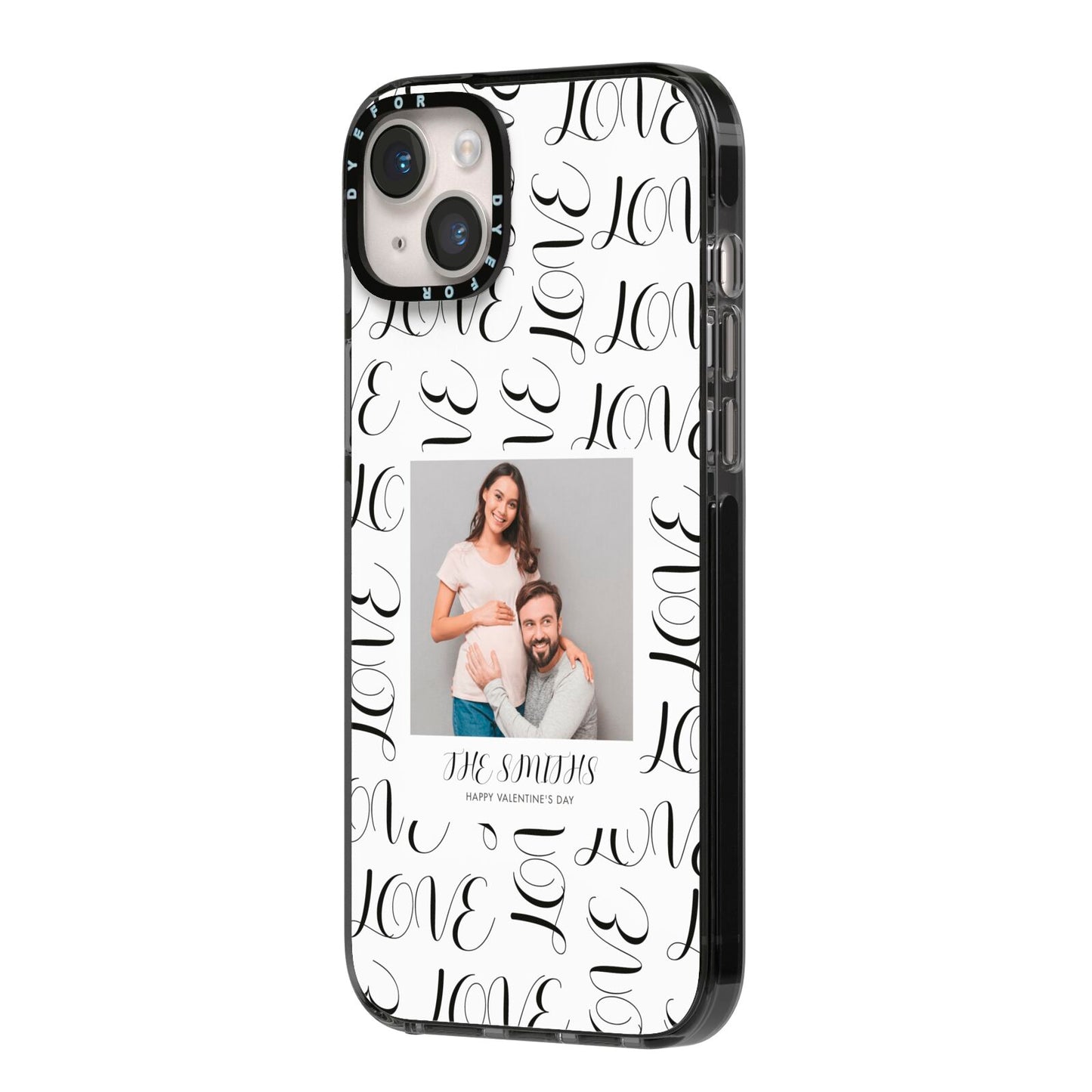 Happy Valentines Day Photo Upload iPhone 14 Plus Black Impact Case Side Angle on Silver phone