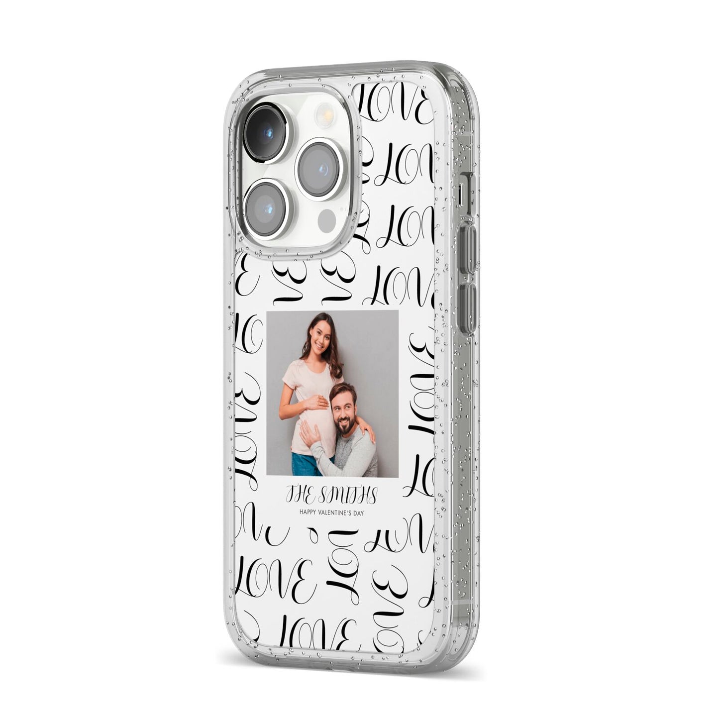 Happy Valentines Day Photo Upload iPhone 14 Pro Glitter Tough Case Silver Angled Image