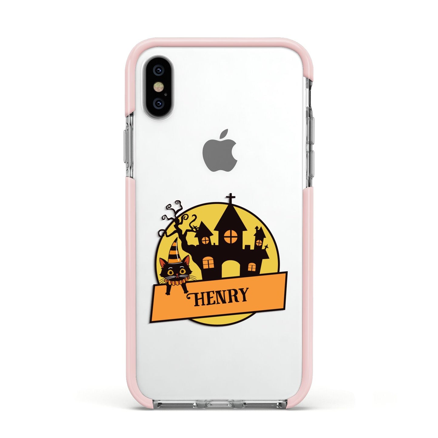 Haunted House Silhouette Custom Apple iPhone Xs Impact Case Pink Edge on Silver Phone