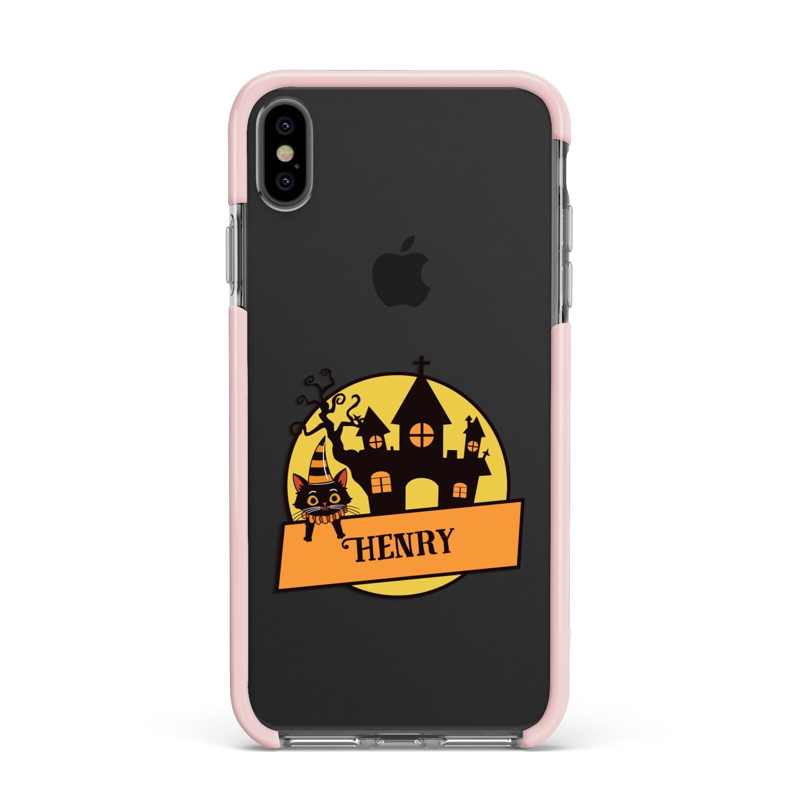 Haunted House Silhouette Custom Apple iPhone Xs Max Impact Case Pink Edge on Black Phone
