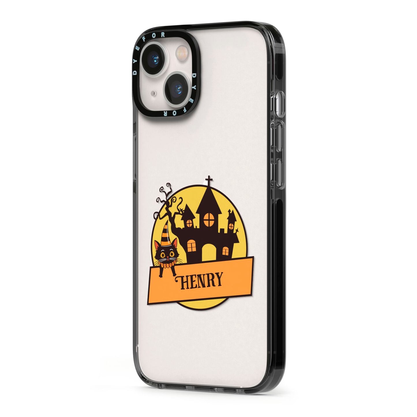 Haunted House Silhouette Custom iPhone 13 Black Impact Case Side Angle on Silver phone