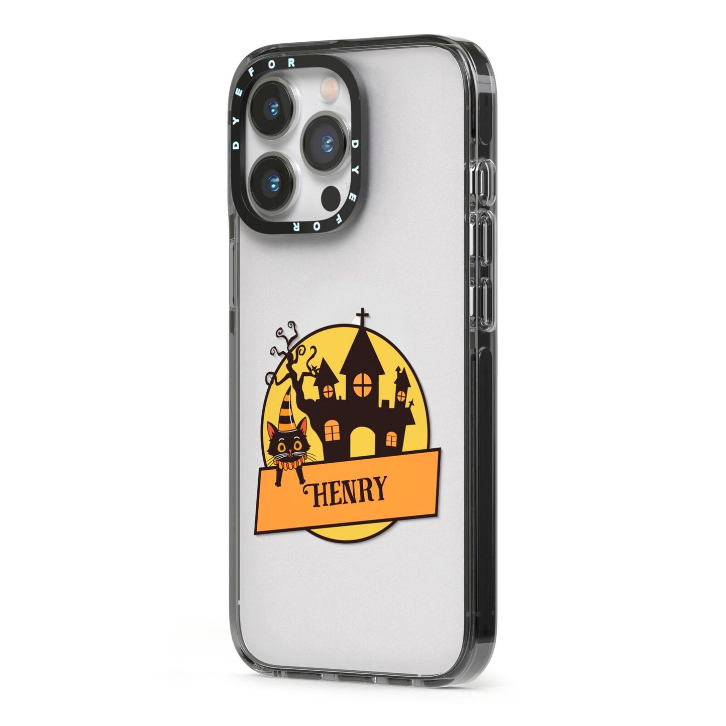 Haunted House Silhouette Custom iPhone 13 Pro Black Impact Case Side Angle on Silver phone