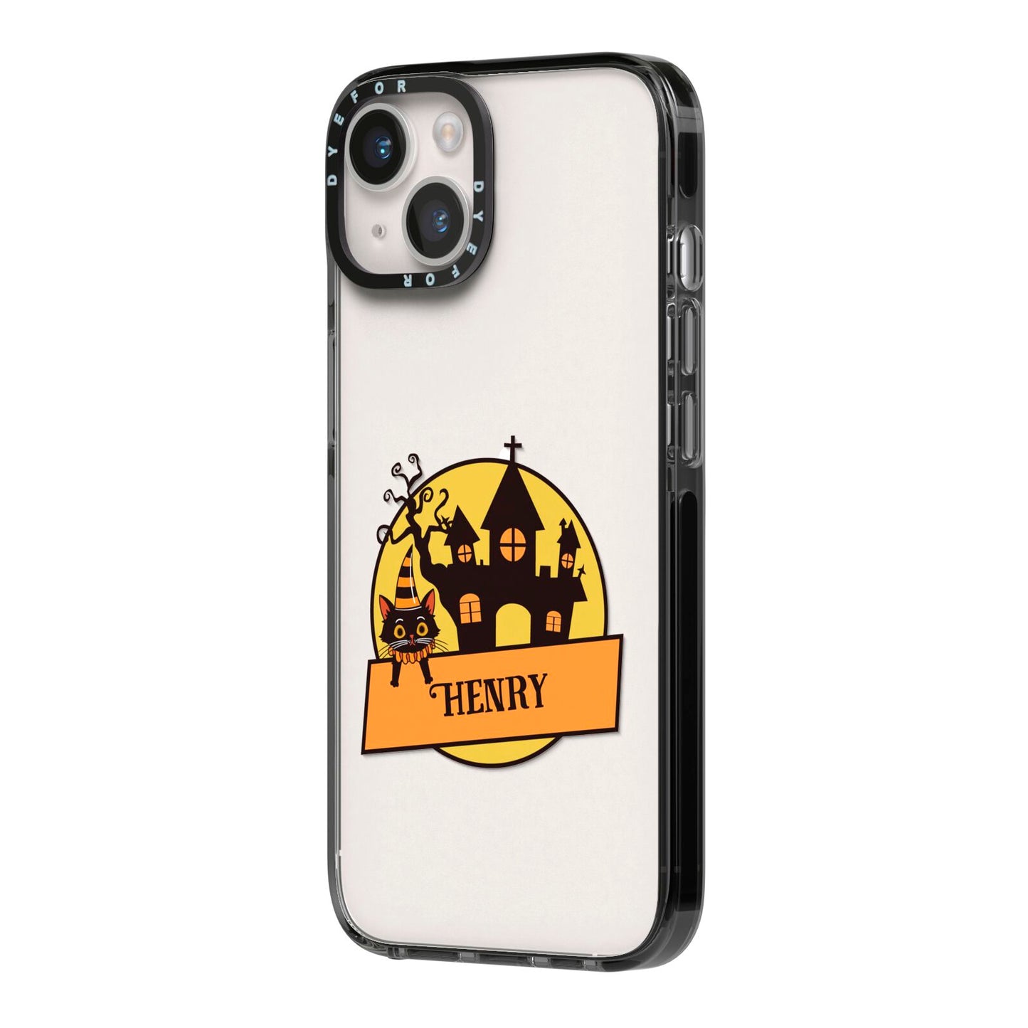Haunted House Silhouette Custom iPhone 14 Black Impact Case Side Angle on Silver phone