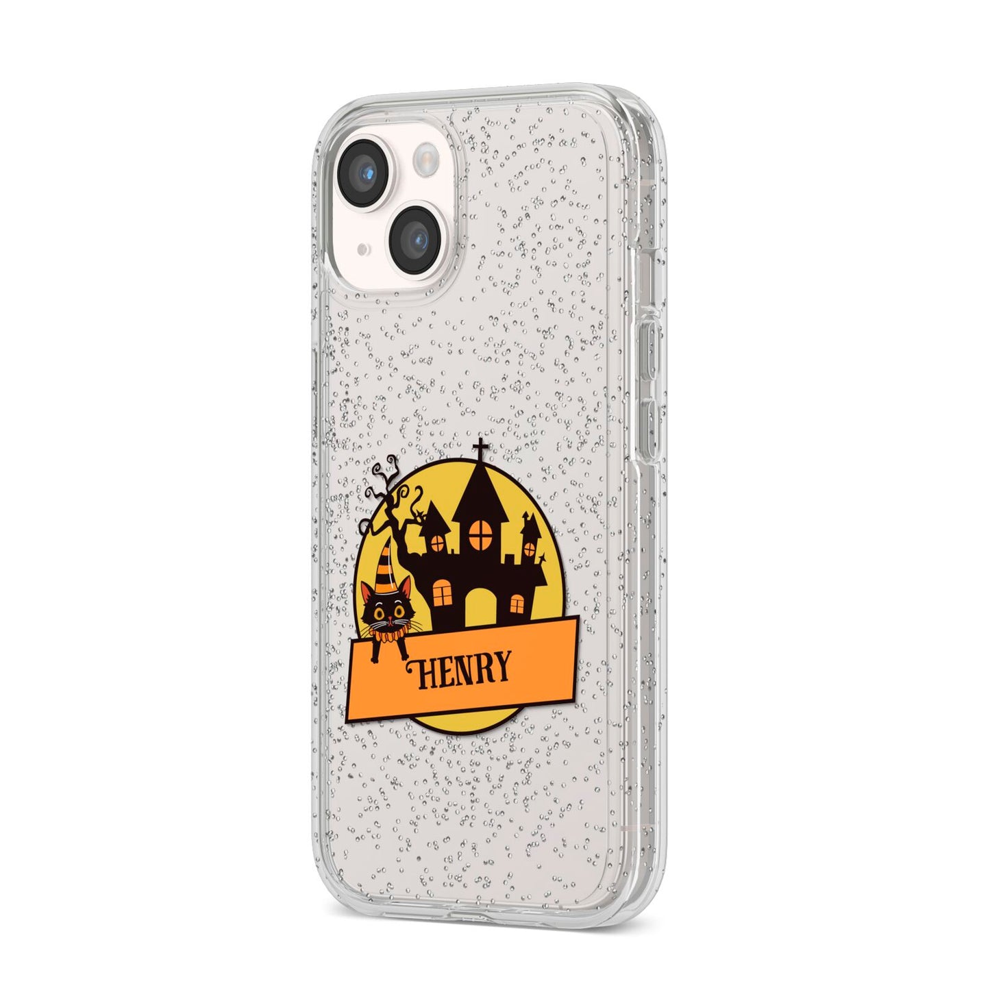 Haunted House Silhouette Custom iPhone 14 Glitter Tough Case Starlight Angled Image