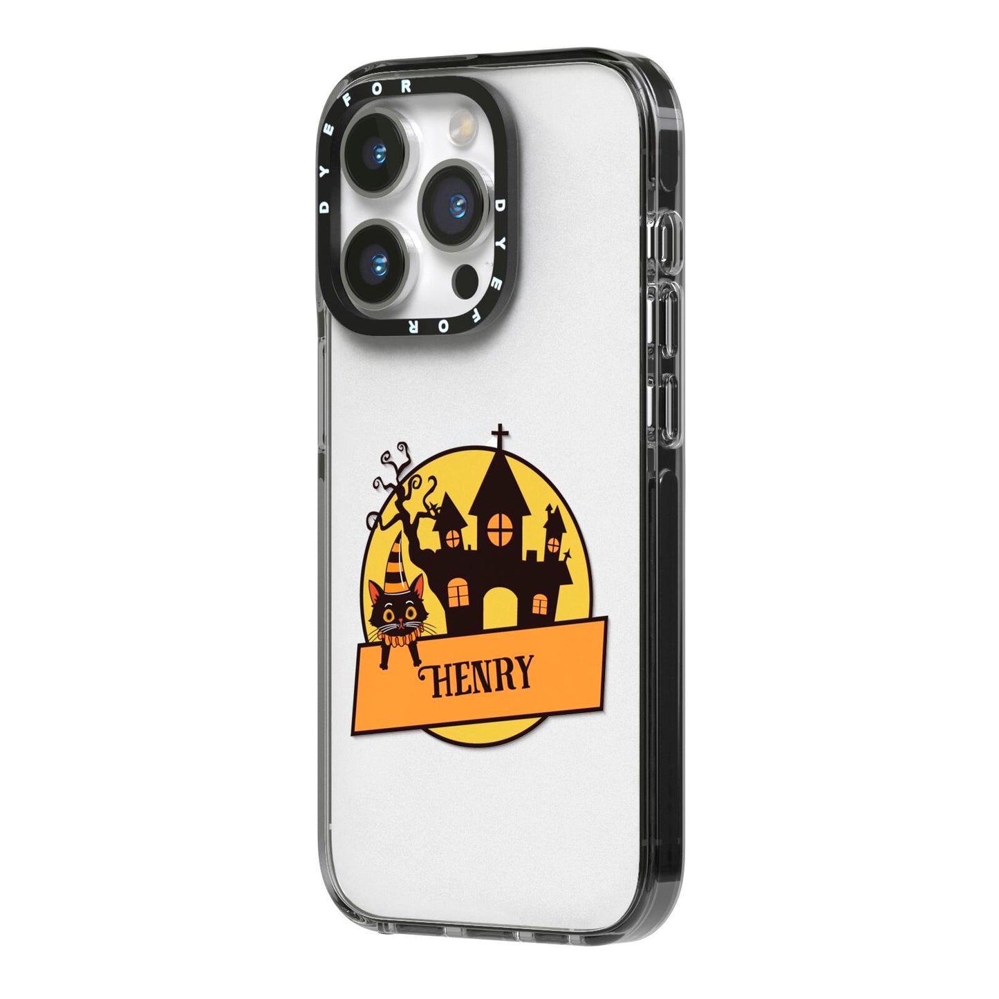 Haunted House Silhouette Custom iPhone 14 Pro Black Impact Case Side Angle on Silver phone