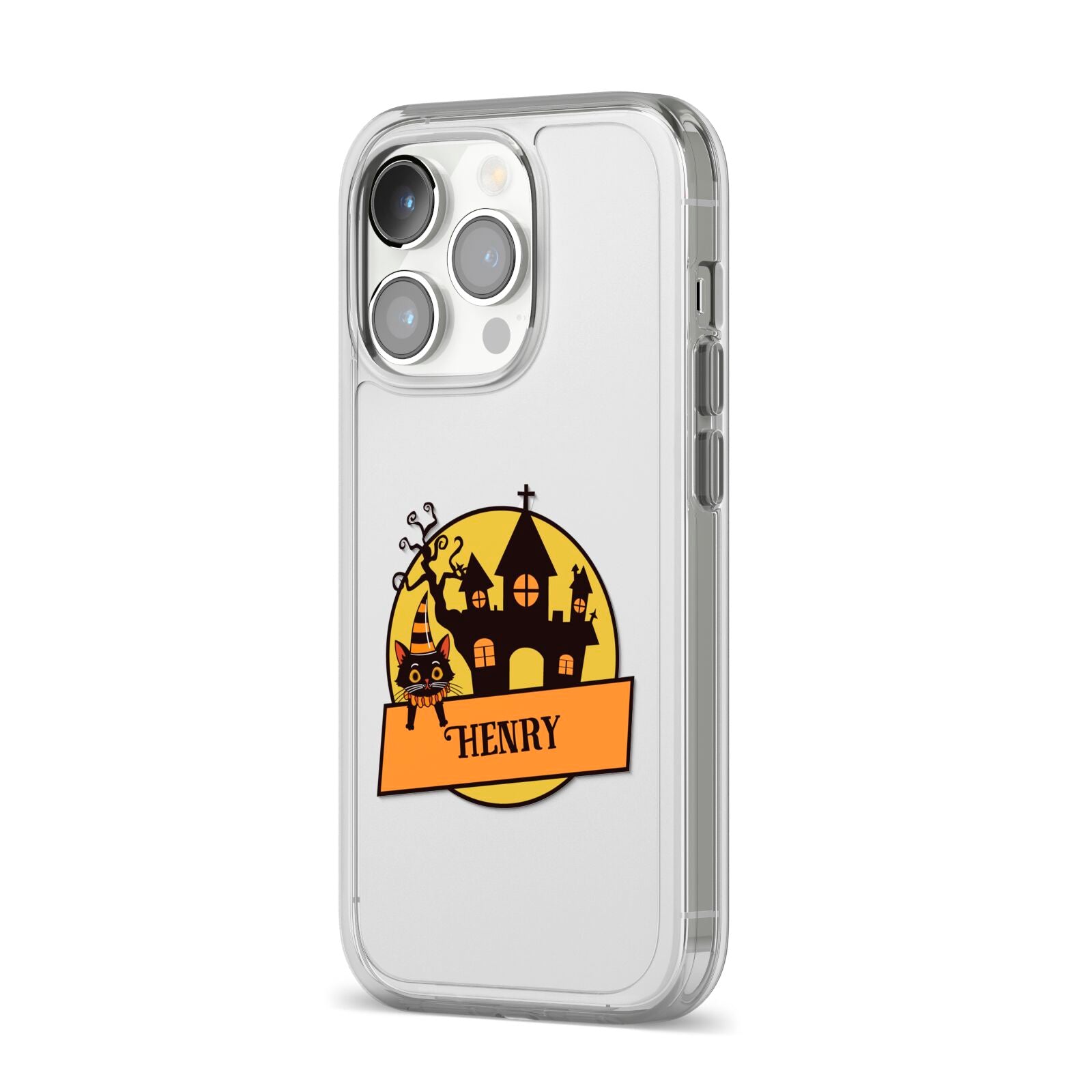 Haunted House Silhouette Custom iPhone 14 Pro Clear Tough Case Silver Angled Image