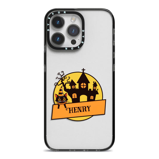 Haunted House Silhouette Custom iPhone 14 Pro Max Black Impact Case on Silver phone