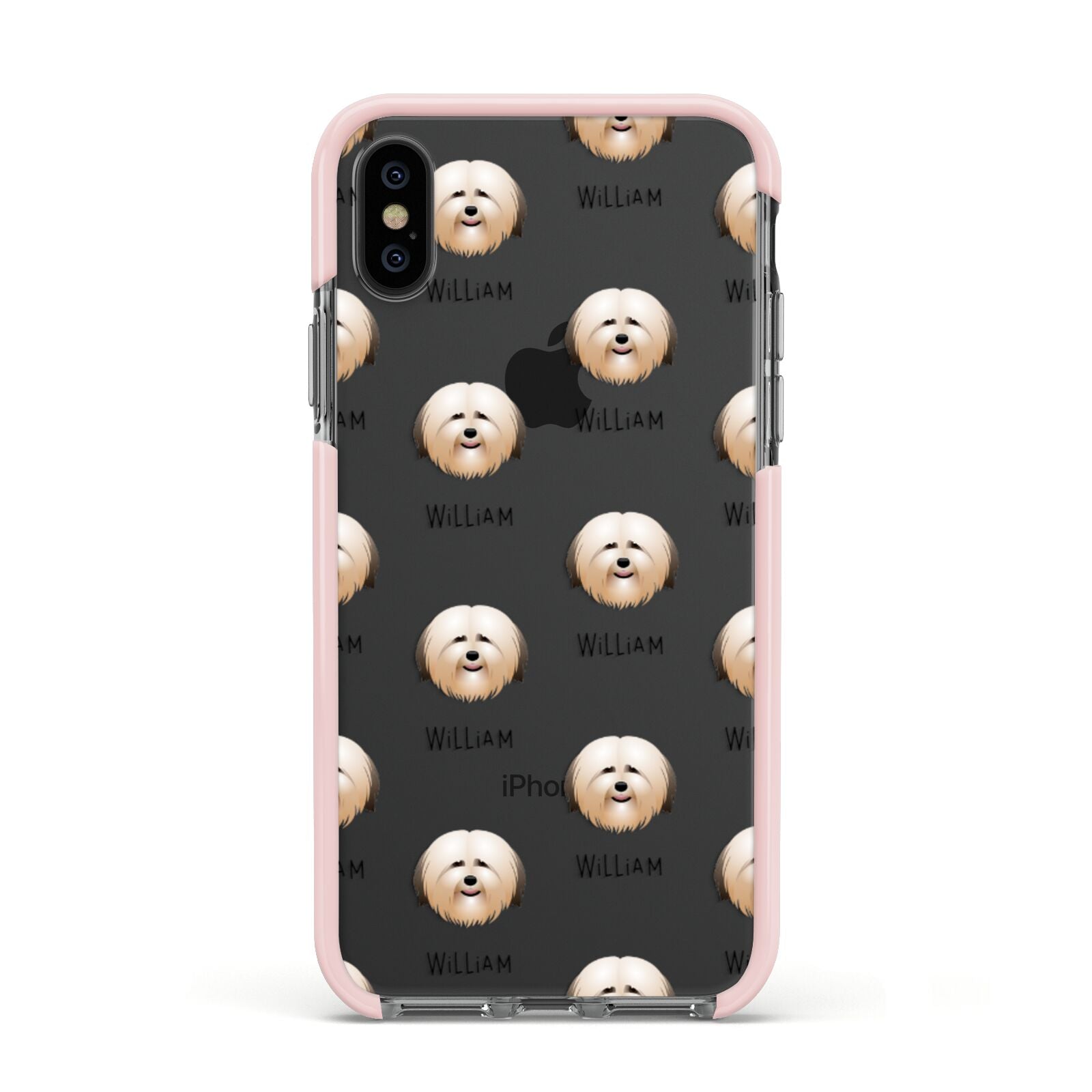 Havanese Icon with Name Apple iPhone Xs Impact Case Pink Edge on Black Phone