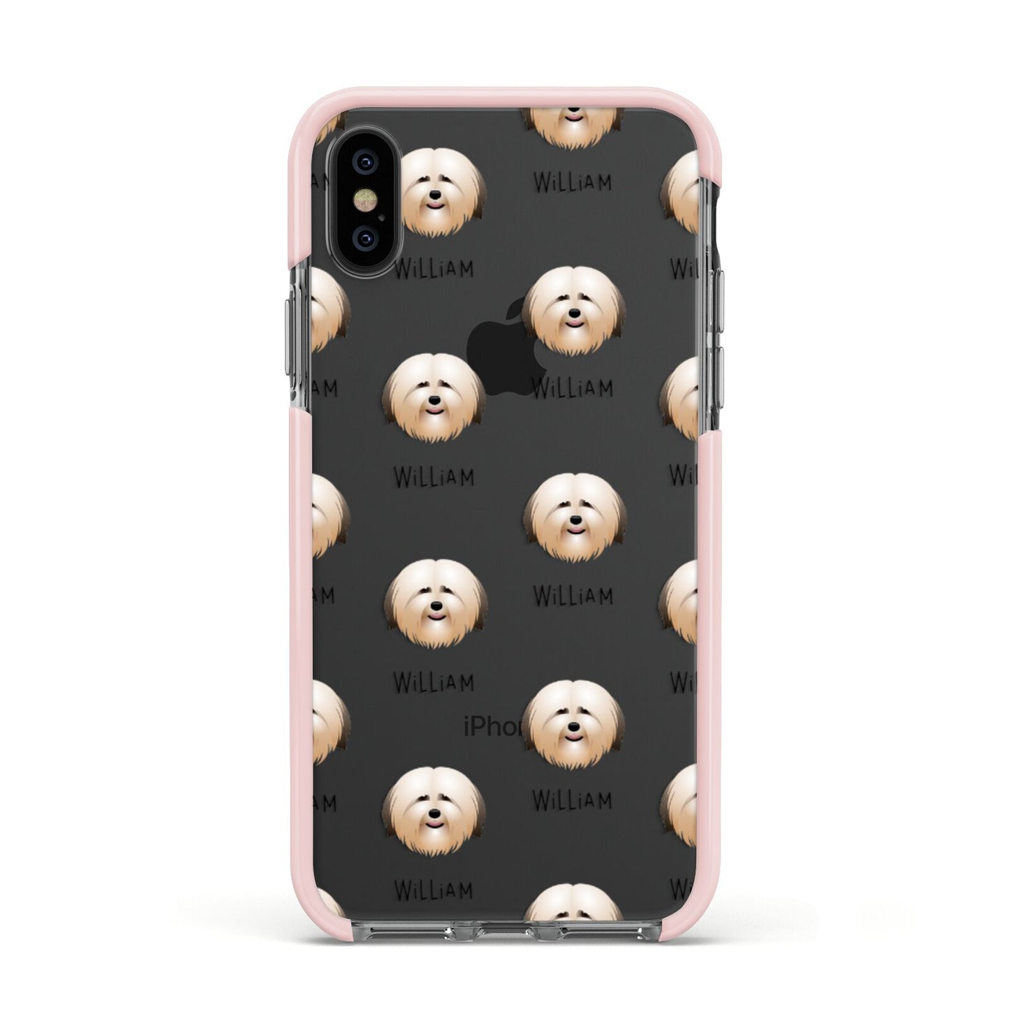 Havanese Icon with Name Apple iPhone Xs Impact Case Pink Edge on Black Phone