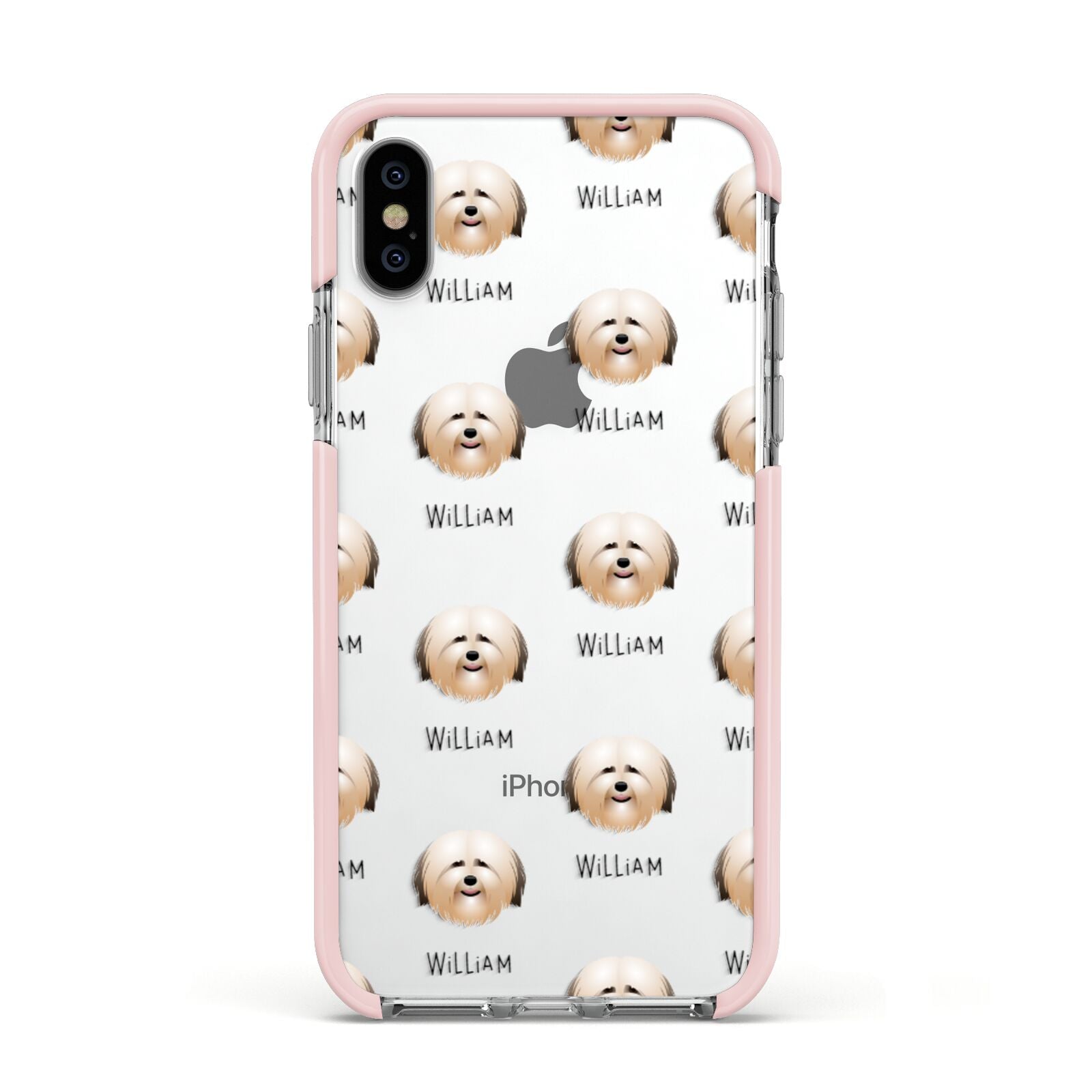 Havanese Icon with Name Apple iPhone Xs Impact Case Pink Edge on Silver Phone