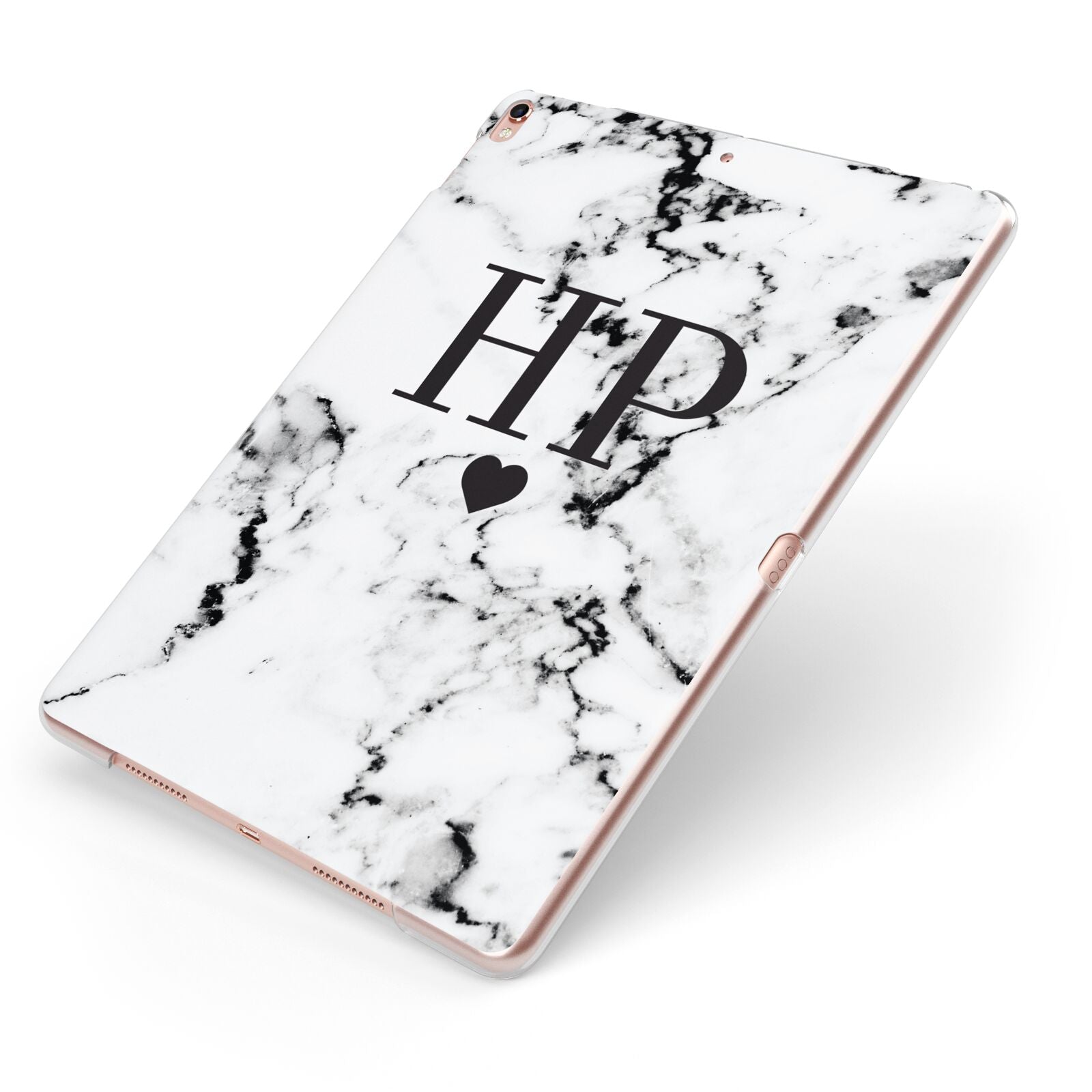 Heart Decal Marble Initials Personalised Apple iPad Case on Rose Gold iPad Side View