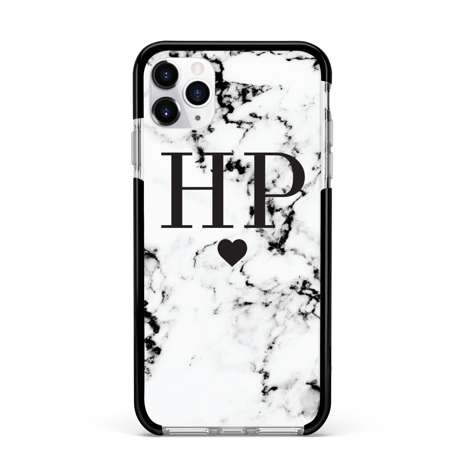 Heart Decal Marble Initials Personalised Apple iPhone 11 Pro Max in Silver with Black Impact Case