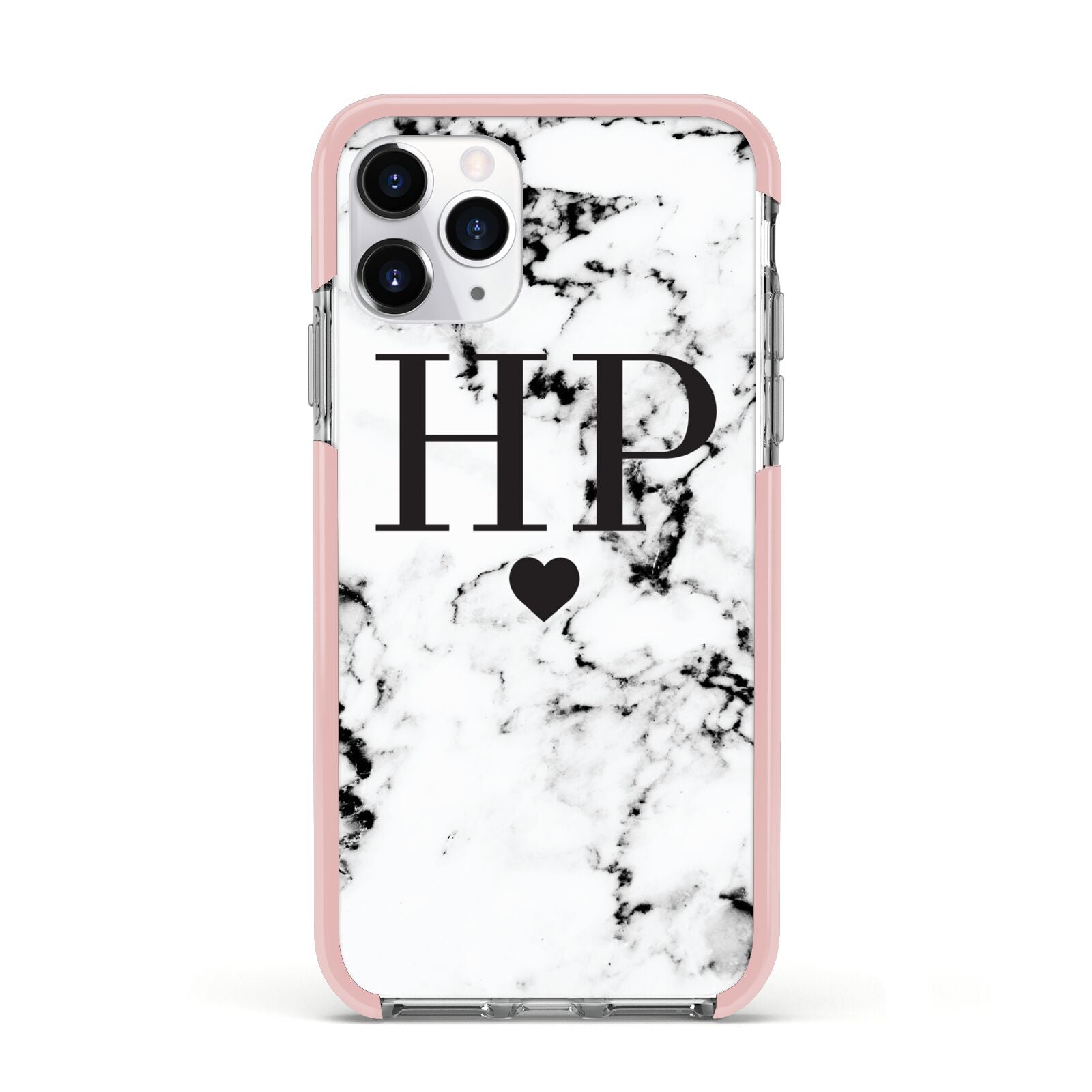 Heart Decal Marble Initials Personalised Apple iPhone 11 Pro in Silver with Pink Impact Case