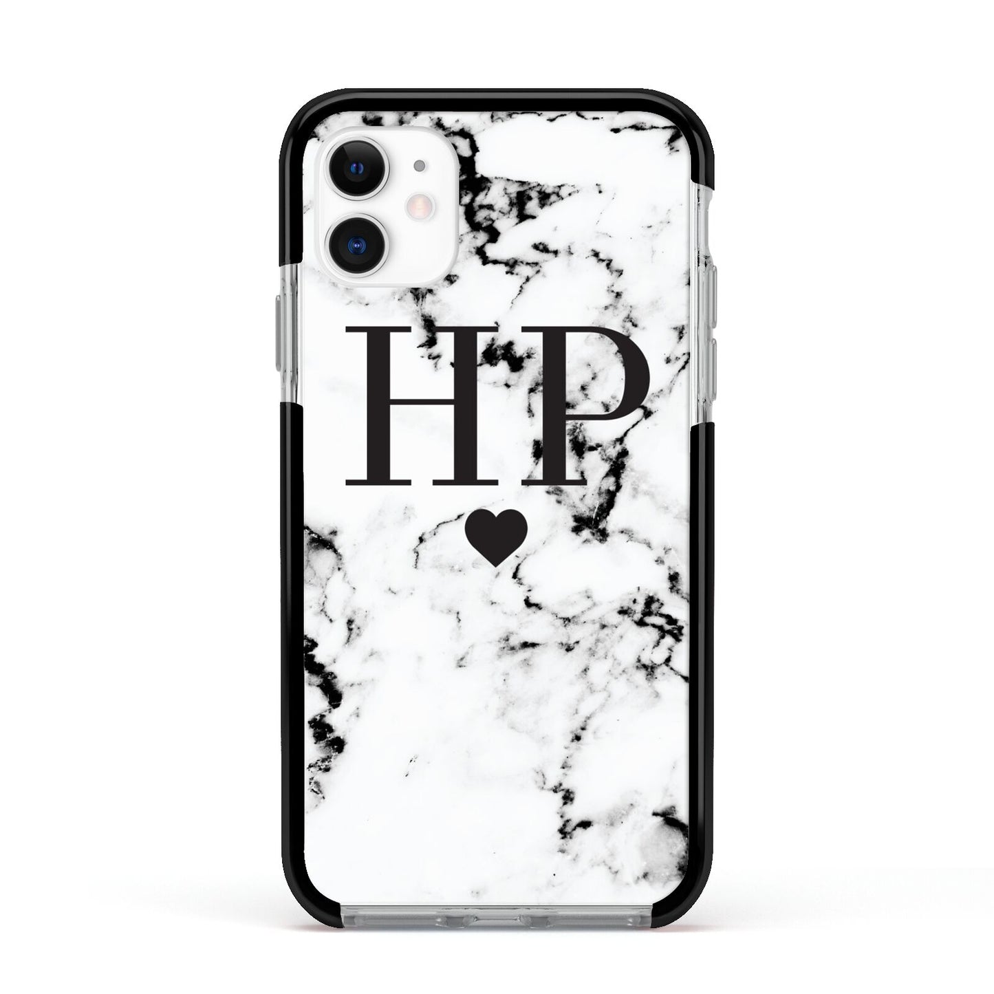 Heart Decal Marble Initials Personalised Apple iPhone 11 in White with Black Impact Case