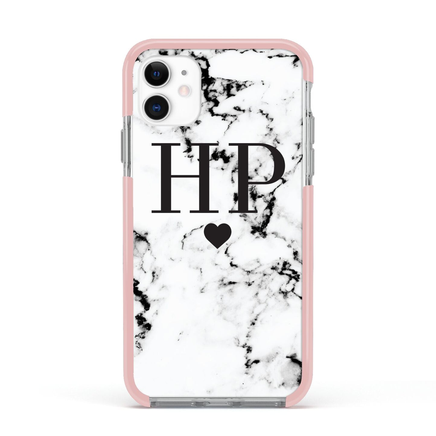 Heart Decal Marble Initials Personalised Apple iPhone 11 in White with Pink Impact Case