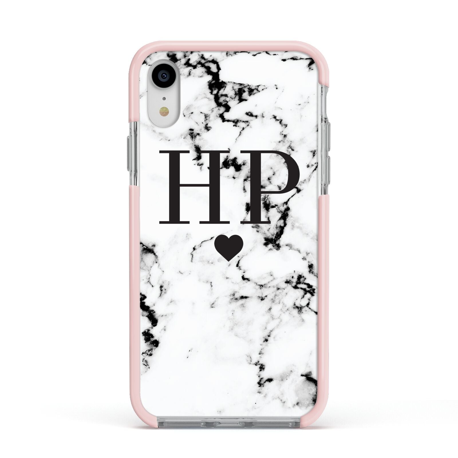 Heart Decal Marble Initials Personalised Apple iPhone XR Impact Case Pink Edge on Silver Phone