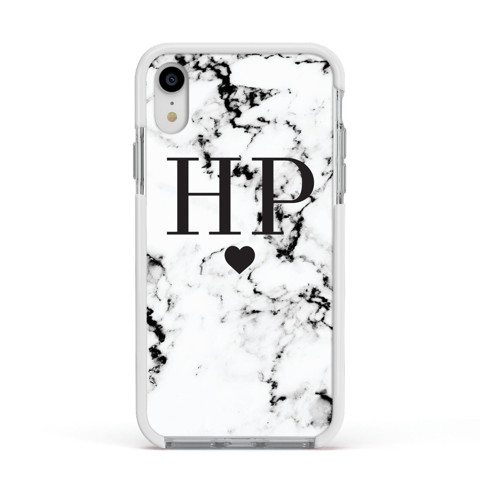 Heart Decal Marble Initials Personalised Apple iPhone XR Impact Case White Edge on Silver Phone