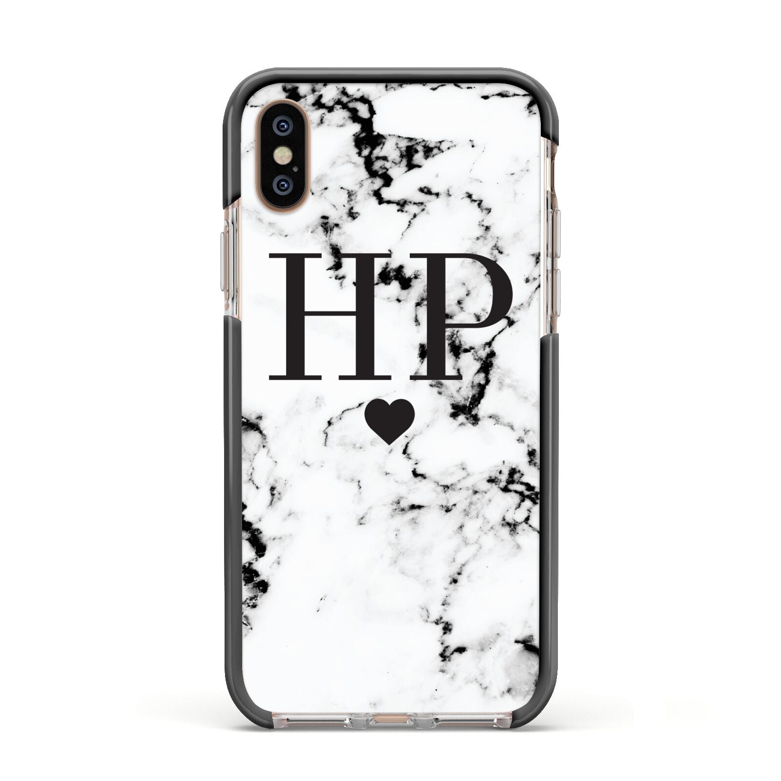 Heart Decal Marble Initials Personalised Apple iPhone Xs Impact Case Black Edge on Gold Phone