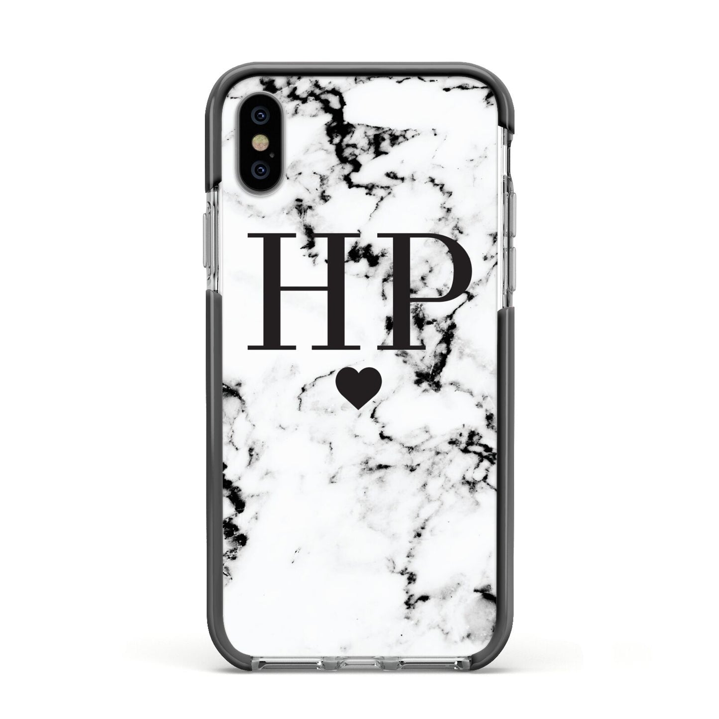 Heart Decal Marble Initials Personalised Apple iPhone Xs Impact Case Black Edge on Silver Phone