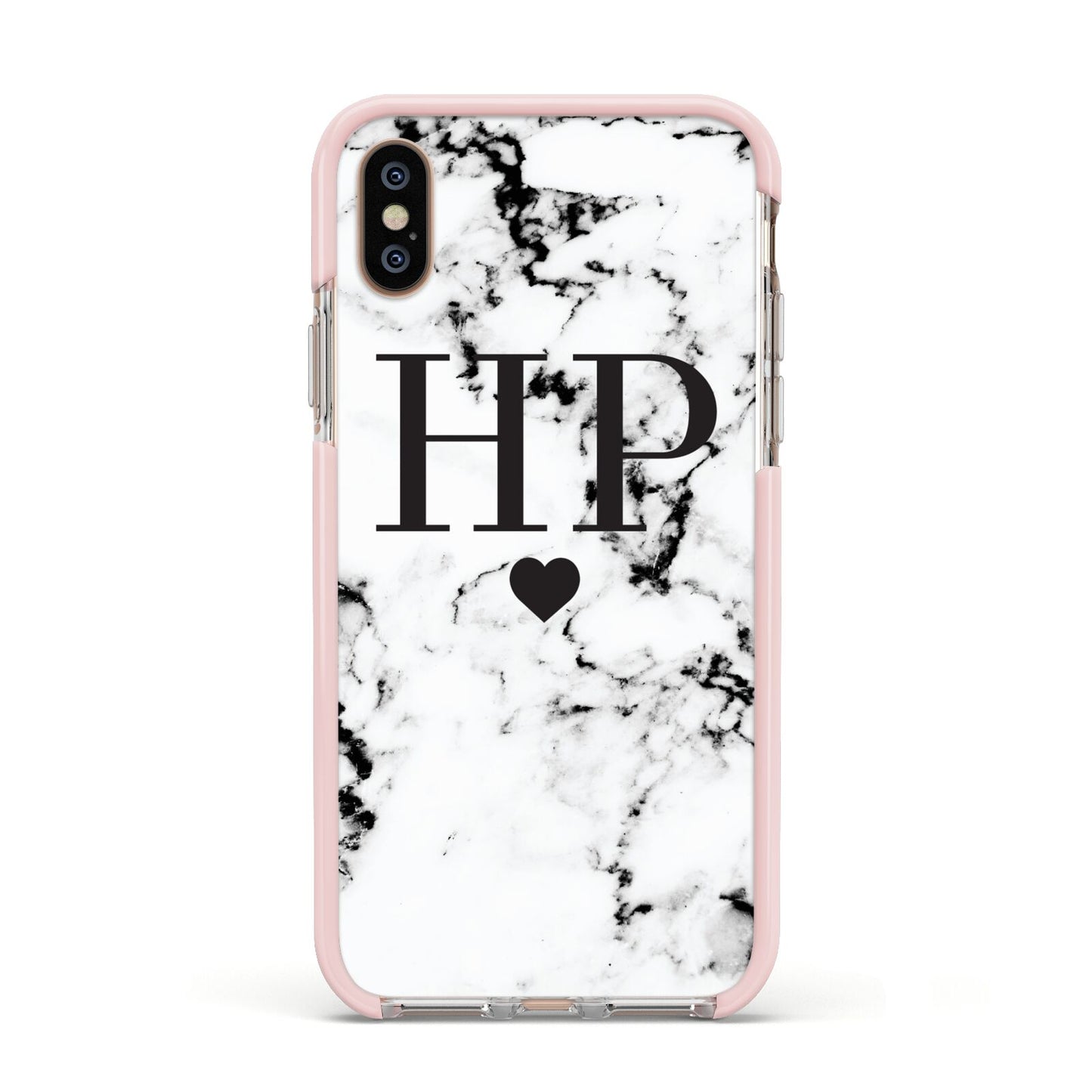 Heart Decal Marble Initials Personalised Apple iPhone Xs Impact Case Pink Edge on Gold Phone